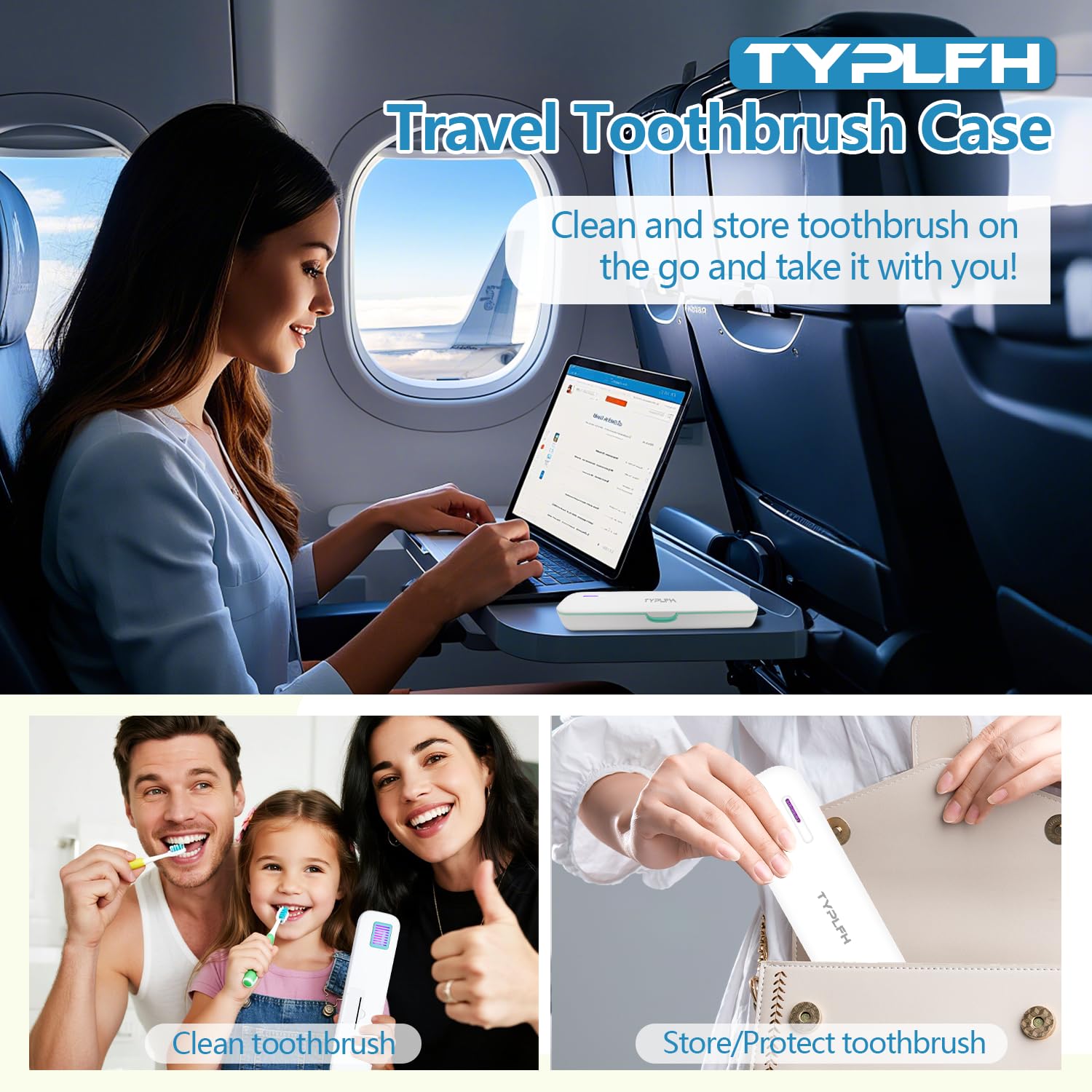 TYPLFH Funda desinfectante para cepillo de dientes, fundas para cepillos de dientes, soporte portátil de viaje para limpieza y almacenamiento, puerto C y carga de baterías AA, filtro de agua de aire