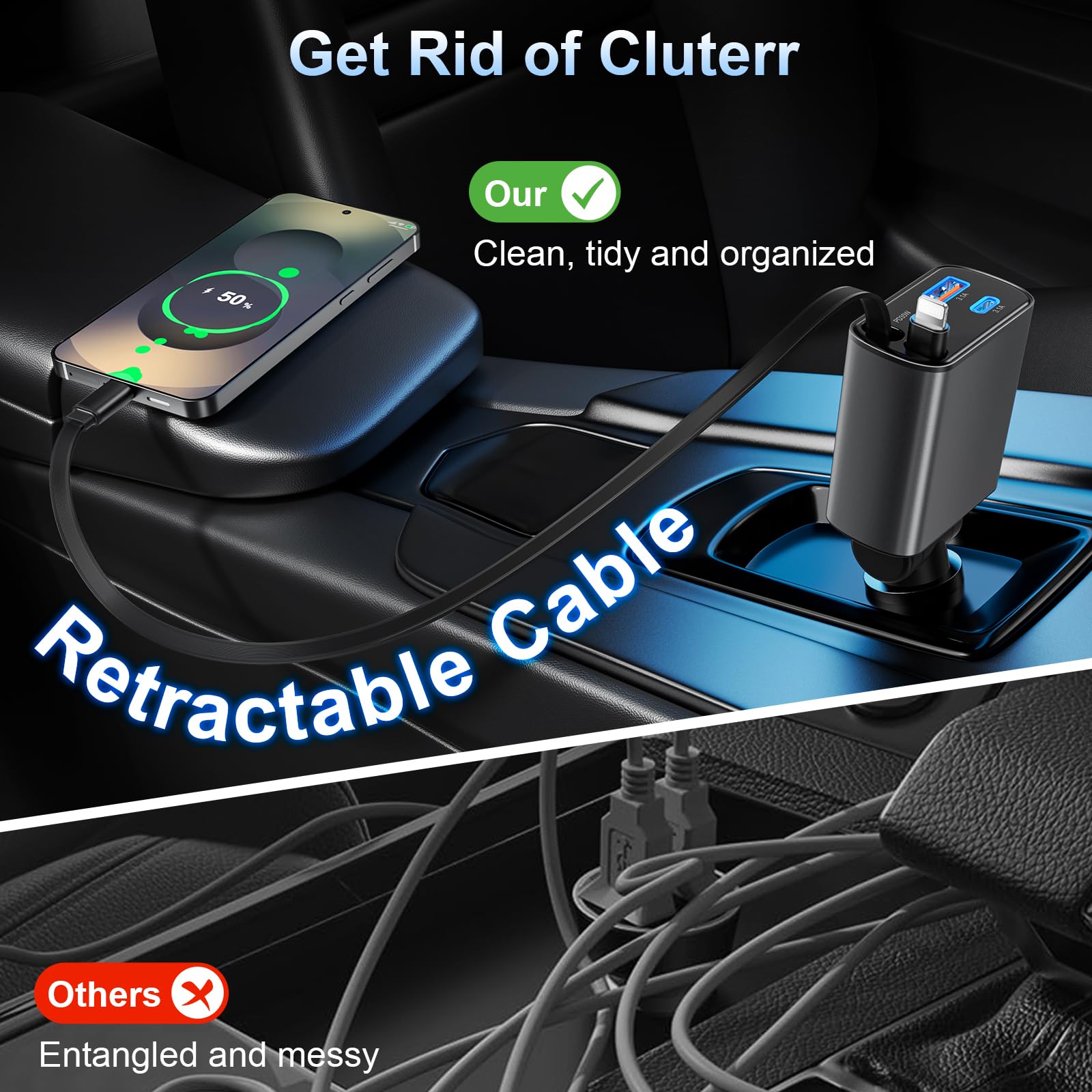 Cargador de coche retráctil USB C de carga rápida, adaptador de coche 4 en 1, cargador de teléfono para encendedor de cigarrillos de 77 W, cargador USB con cable USB C retráctil para iPhone 16/15/14