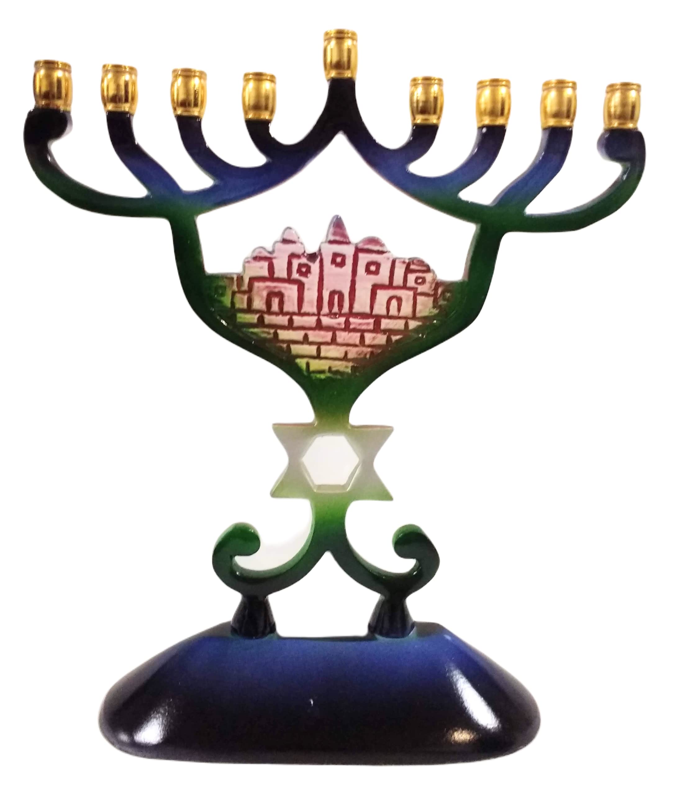 Quality Judaica Modern Hanukkah Menorah with Jerusalem Motif, Multi Colored Gradient Design, Aluminum
