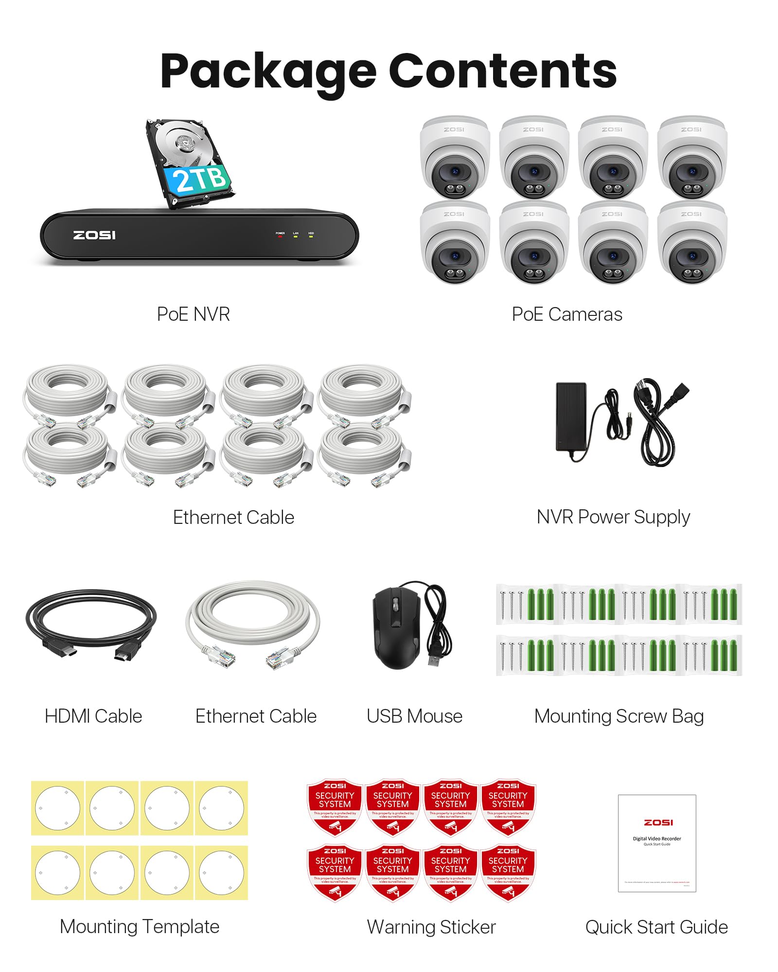 ZOSI 4MP Kit Videosorveglianza PoE Esterno, 8X 4MP PoE Dome Camera Surveillance Set con Audio, 8CH 5MP NVR con 2TB HDD, Rilevamento di Persone, 100ft Night Vision, C220
