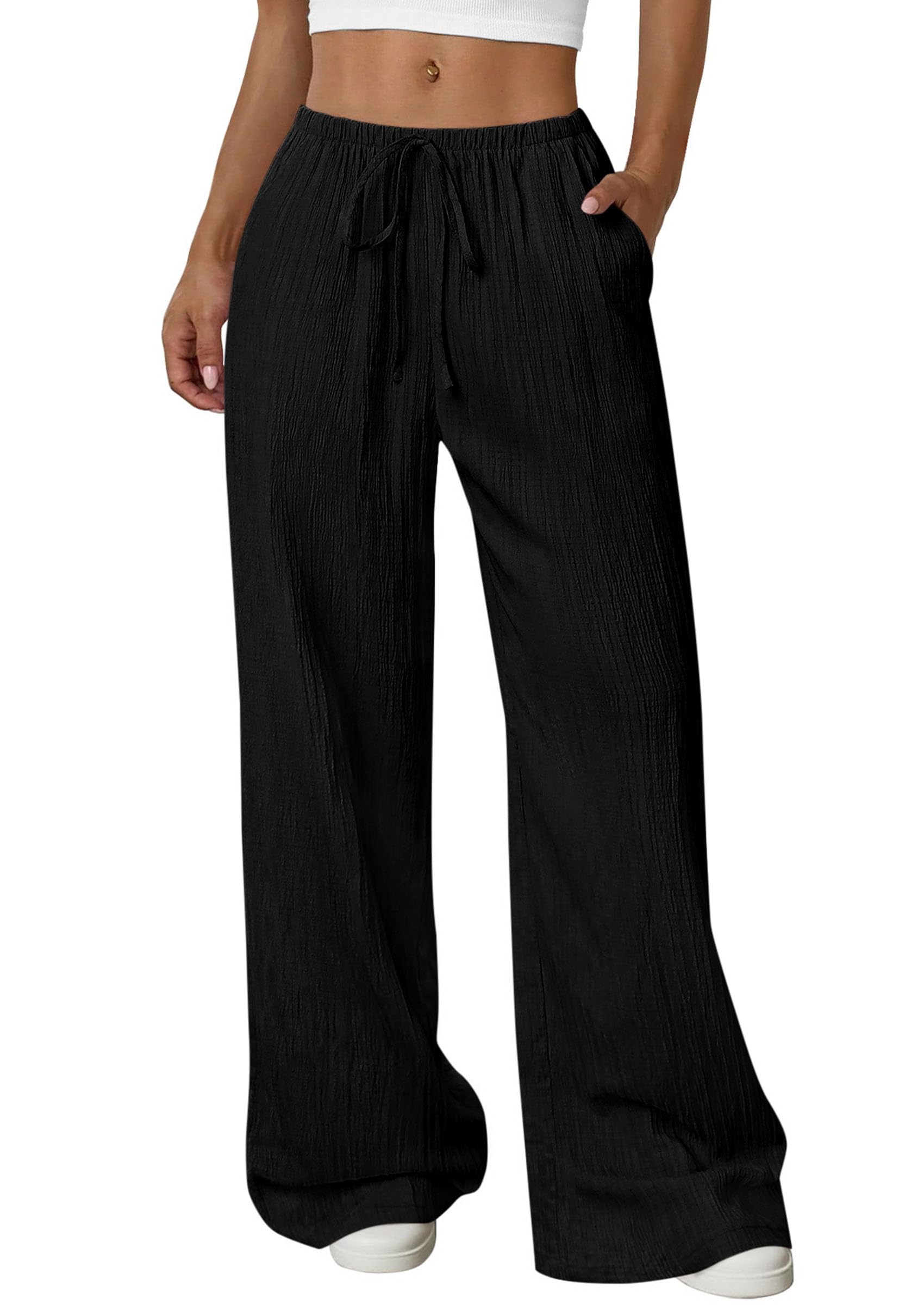 PRETTYGARDEN Womens Palazzo Pants Summer Fashion 2026 High Waisted Wide Leg Drawstring Flowy Beach Trousers with Pockets
