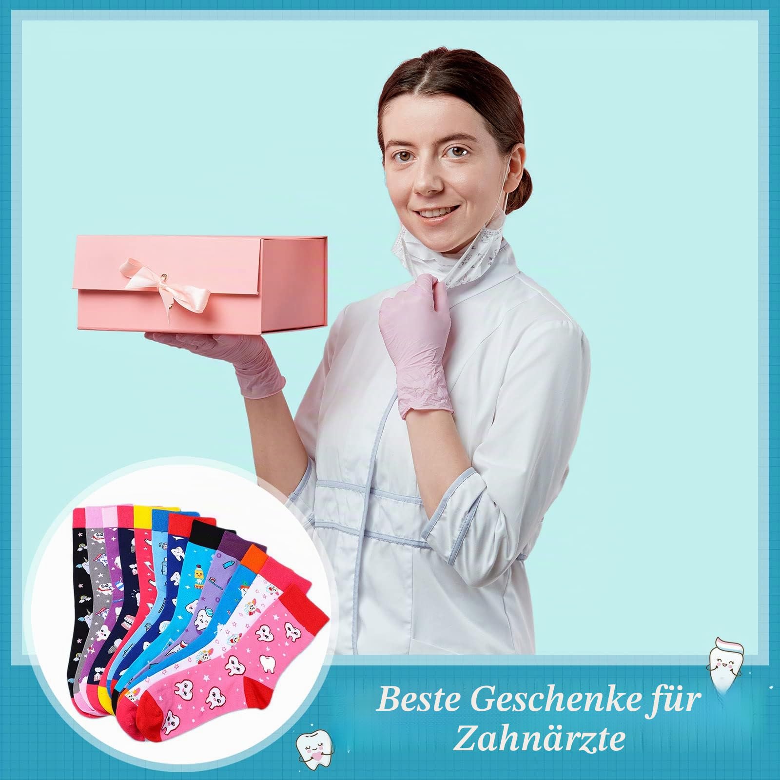 Wesiti 12 Paar Zahnsocken Neuheit Zahnarzt Hygieniker Geschenk Niedliche Krankenschwester Zahnassistent Liebe Zähne Socken Geschenke für Damen Herren, helle Farbe, Medium-Large