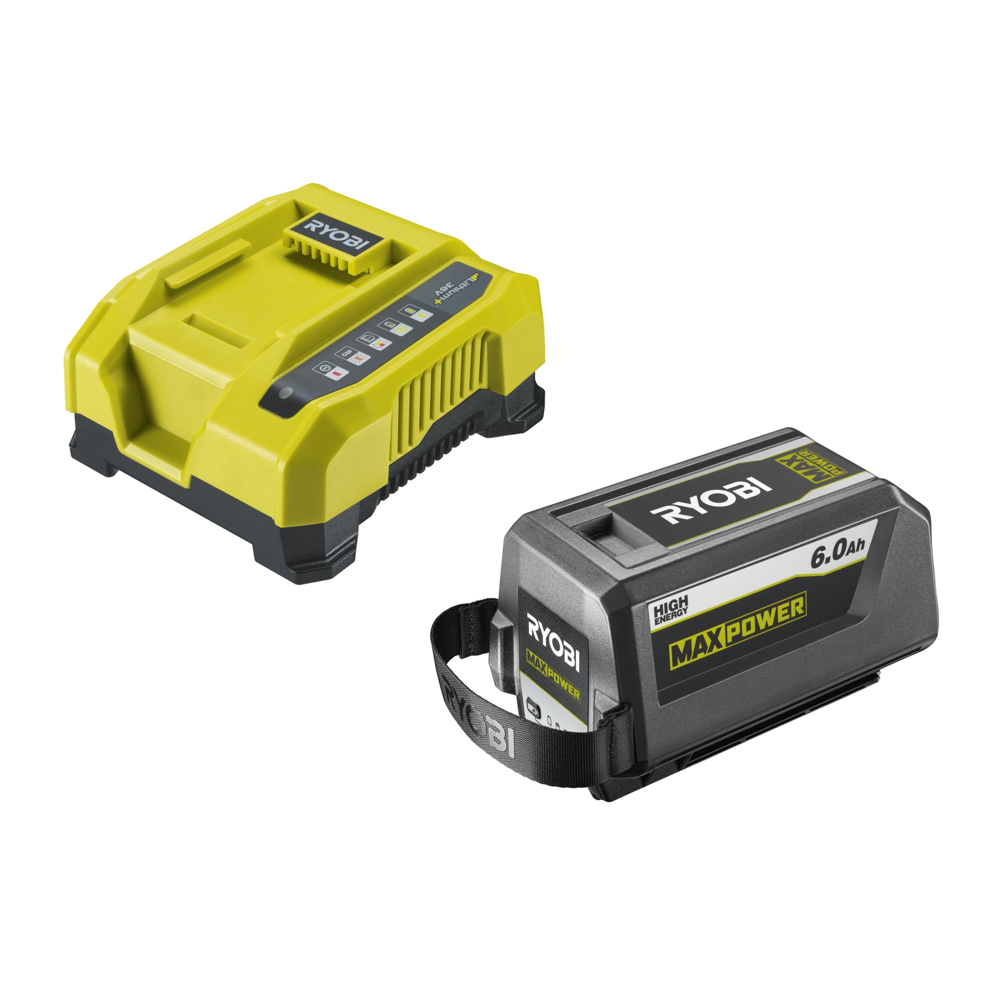 RYOBI Kit Batterie et Chargeur 36V Max Power RY36BC17A-160 – Batterie Lithium+ 6,0 Ah + Chargeur Rapide, Compatible Tondeuse, Souffleur, Taille-Haie, Tronçonneuse et Entretien du Jardin