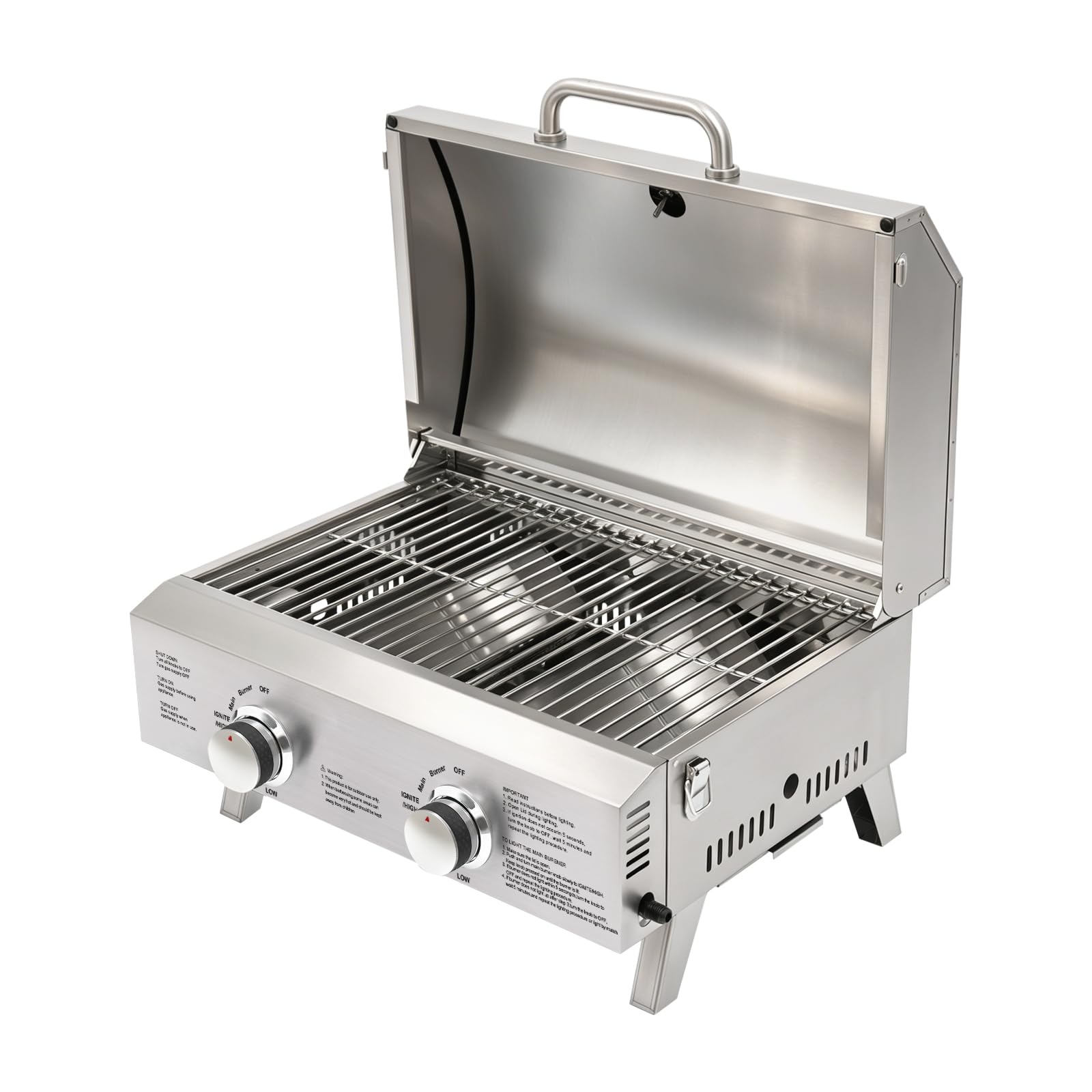 Barbecue a gas in acciaio inox, 2 fuochi, portatile pieghevole per esterni, con pietra per pizza, per giardino, campeggio, picnic, camper, ideale per famiglie e amici, barbecue