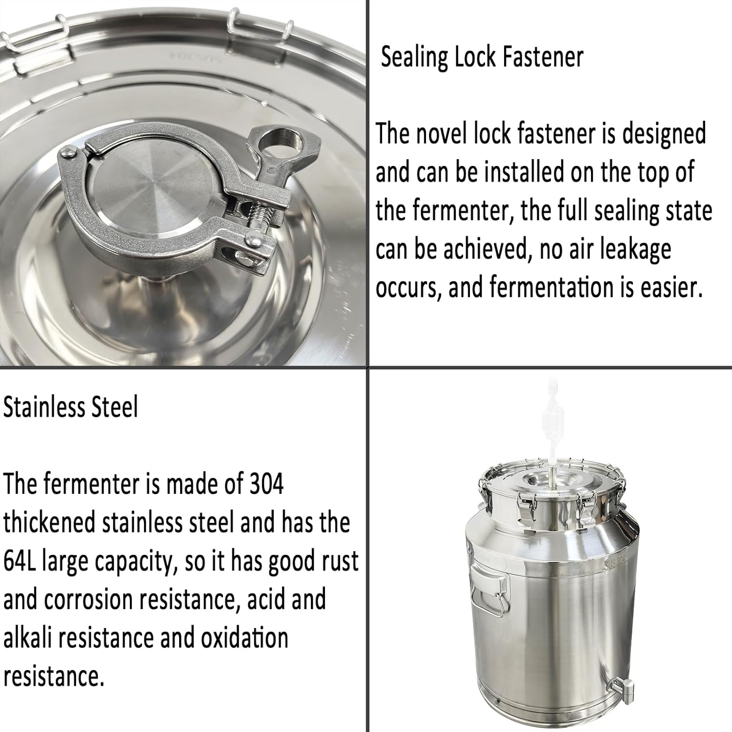 64L Stainless Steel Fermenter Tank with Faucet Food Storage Tank with Sealing Lock Fastener for Wine Brewing, Fermentation, Storage, Transportation