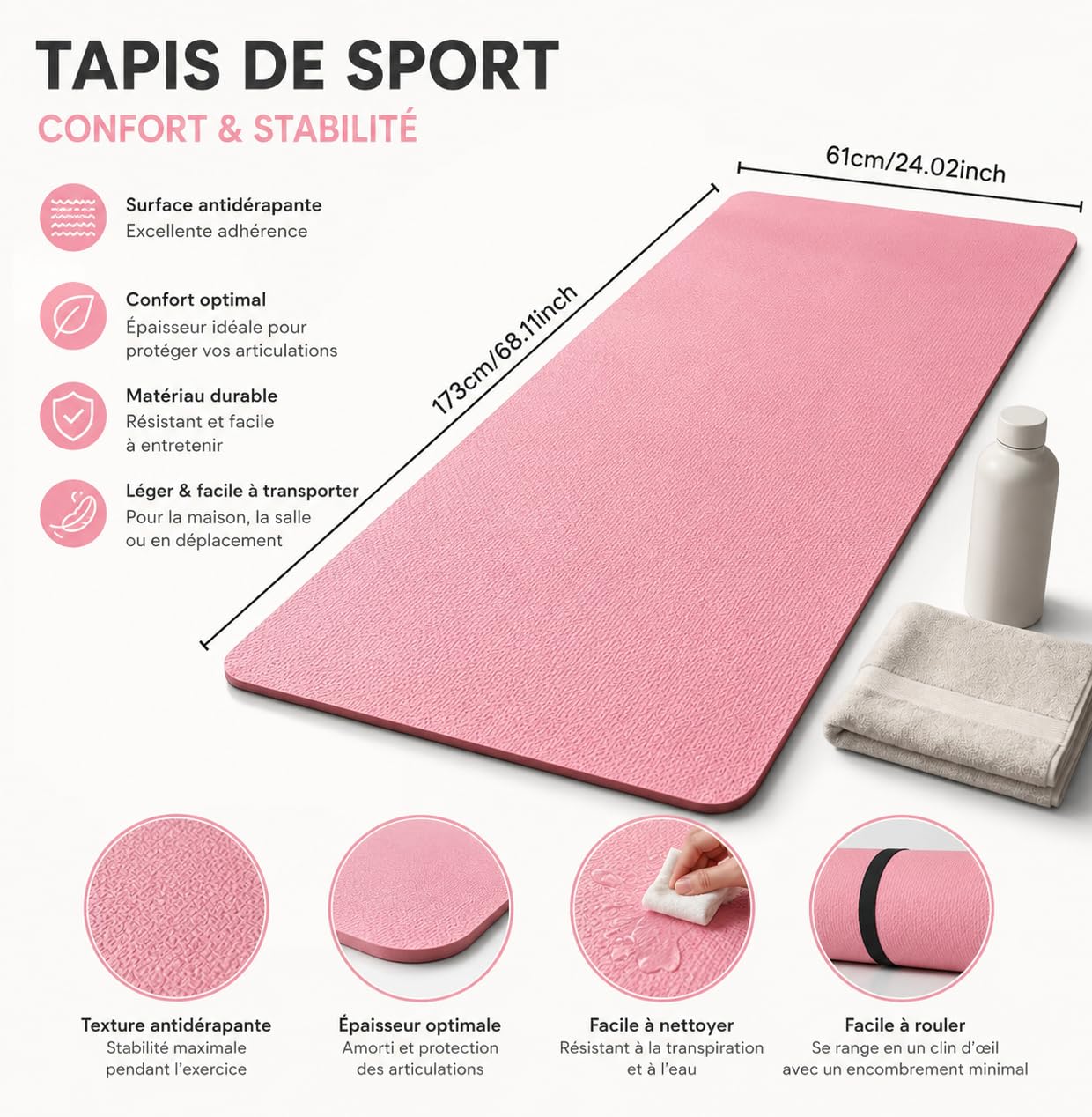 Kit Yoga 3 en 1, Tapis de Yoga Antidérapant Rose + 5 Bandes Élastiques de Résistance + Sac de Transport, Set Complet Fitness et Pilates