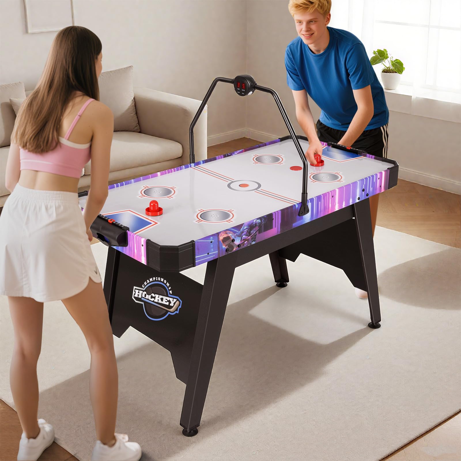 COSTWAY Tavolo Air Hockey, Tavolo da Gioco con Segnapunti Digitale LED 2 Spintori e 2 Dischi, 12V Potente Motore, per Casa Sala Giochi e Ufficio, 144 x 68 x 81 cm