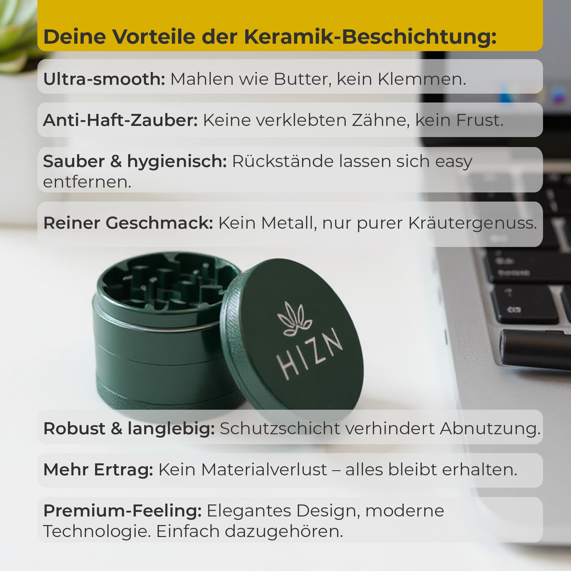 Grinder in ceramica | Ø 63 mm | 4 pezzi | antiaderente grazie al rivestimento in nanoceramica | con sacchetto, raschietto per polline, pennello e boccaglio (verde mezzanotte)
