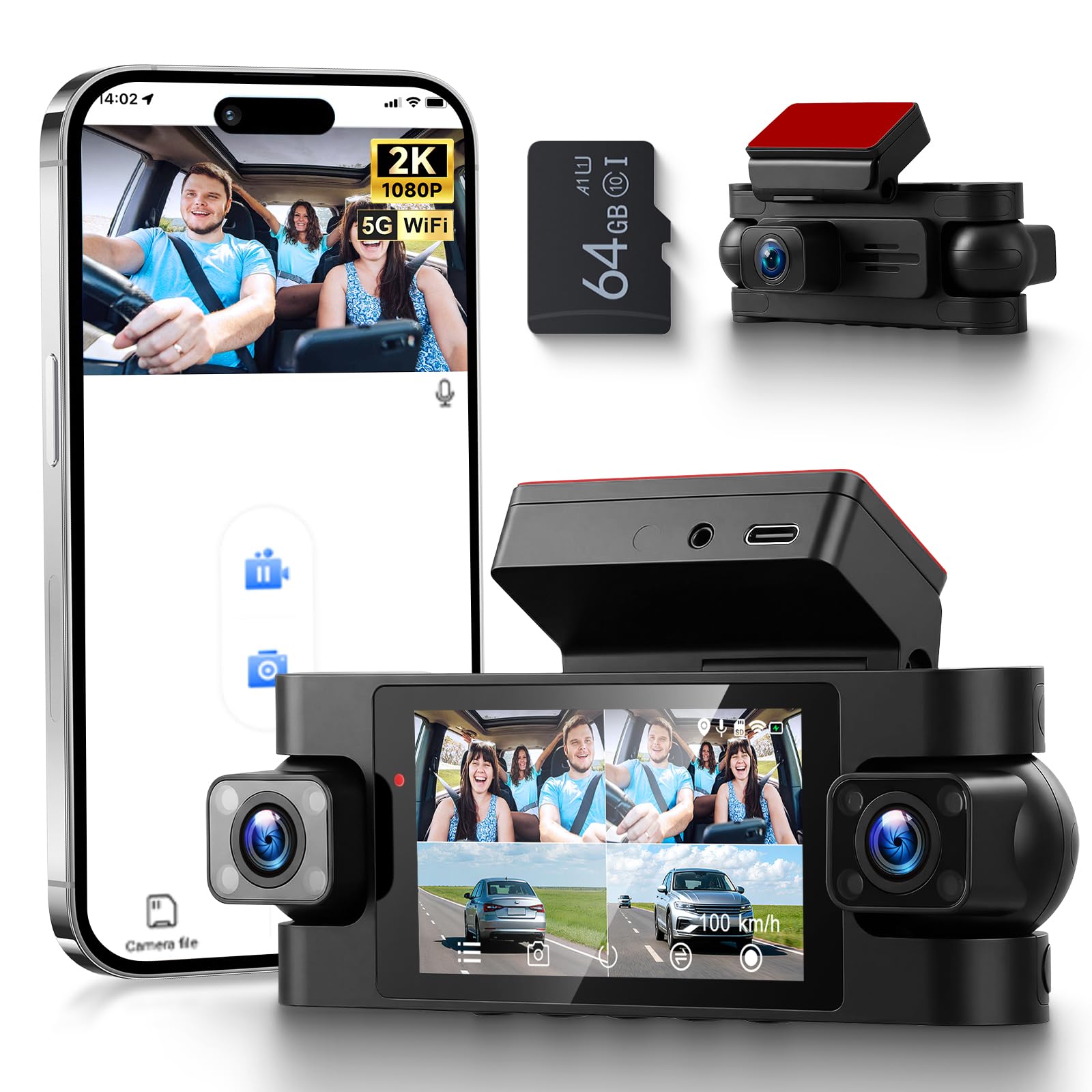 VECHTEL Cámara de salpicadero 2K para Coche, Delantera y Trasera, con WiFi, 1080P,4 cámaras de salpicadero con Pantalla IPS de 3 Pulgadas,GPS,visión Nocturna, Sensor G, protección de 360°,64 GB TF
