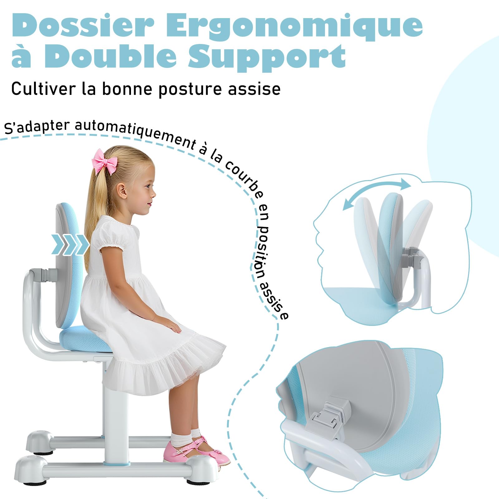 COSTWAY Chaise de Bureau Enfant avec Hauteur Réglable & Dossier Ergonomique, Fauteuil de Bureau avec Maille Respirante & Patins Ajustables, Charge 100kg pour Filles Garçons de 6-12 Ans (Bleu)