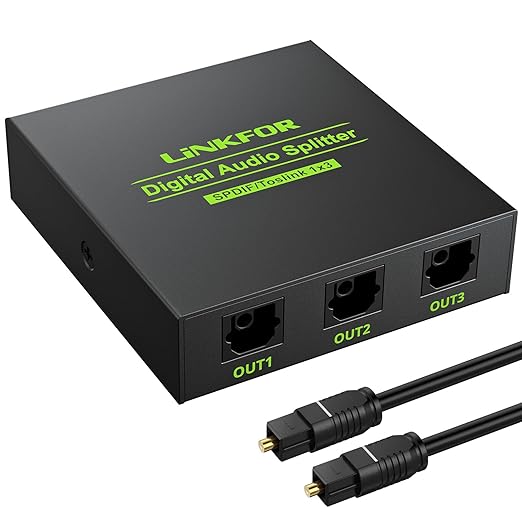 LiNKFOR Digital Optical Audio 1x3 Splitter Digital SPDIF Toslink Optical Fiber Audio Splitter 1 in 3 Out Aluminum Alloy with Optical Cable Support 5.1CH Dolby-AC3 DTS for PS3 Blue-Ray DVD HDTV