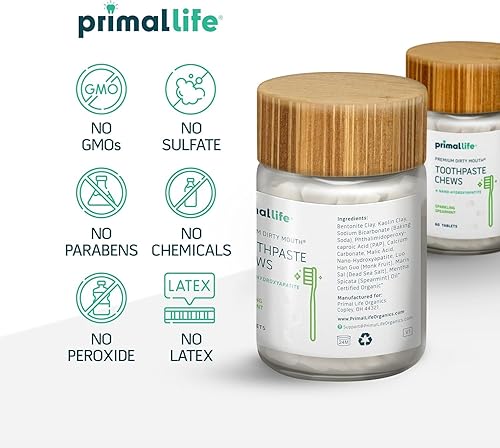 Miniatura 5 de Primal Life Organics Pasta de dientes masticables de boca sucia prémium Tabletas de pasta de dientes blanqueadoras con nano-hidroxiapatita para