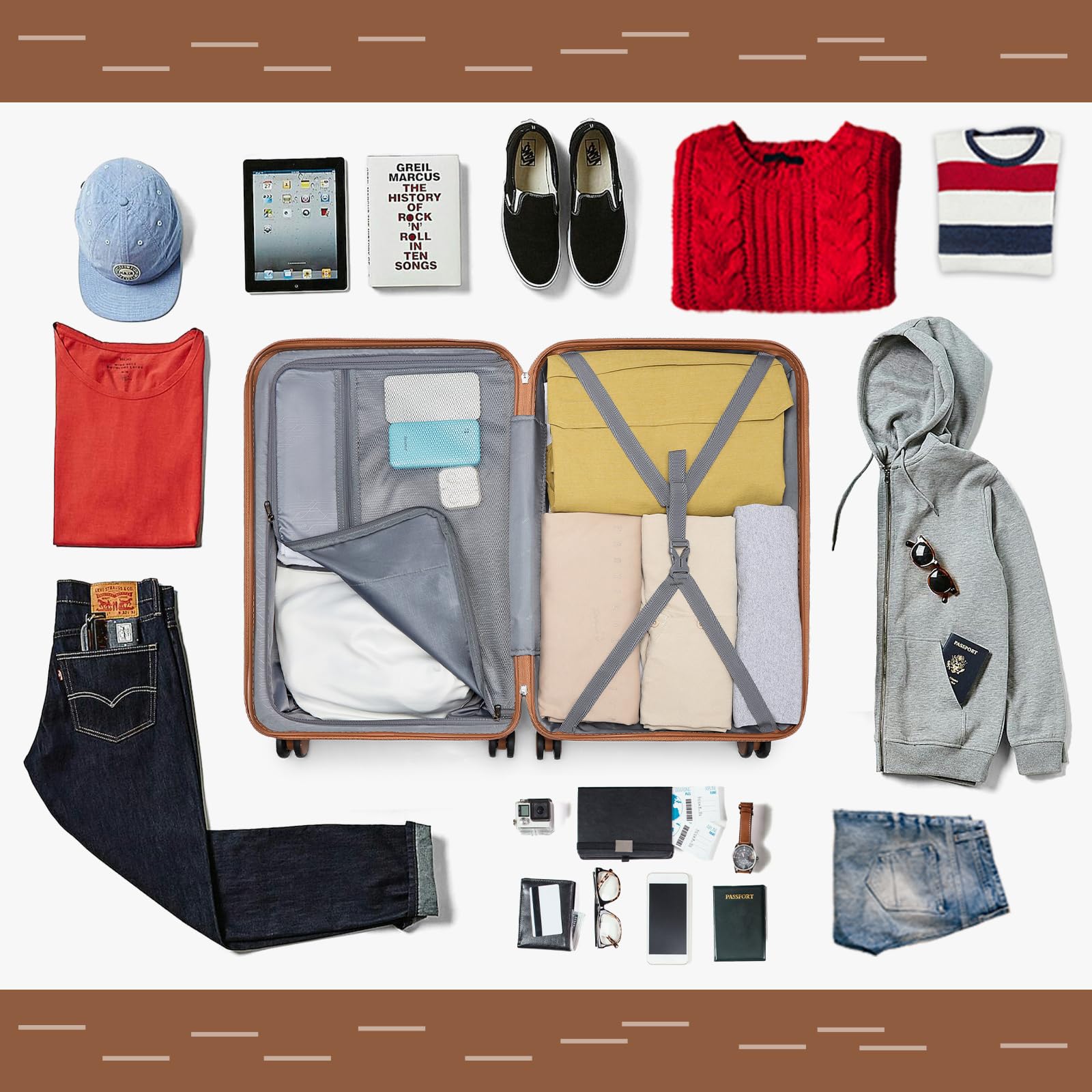 British Traveller Hartschalenkoffer Groß 74.5 x 49 x 30.5 cm, Reisekoffer aus ABS + PC mit TSA-Schloss, Koffer Trolleys mit 4 Rollen für Reisen und Business, Grau