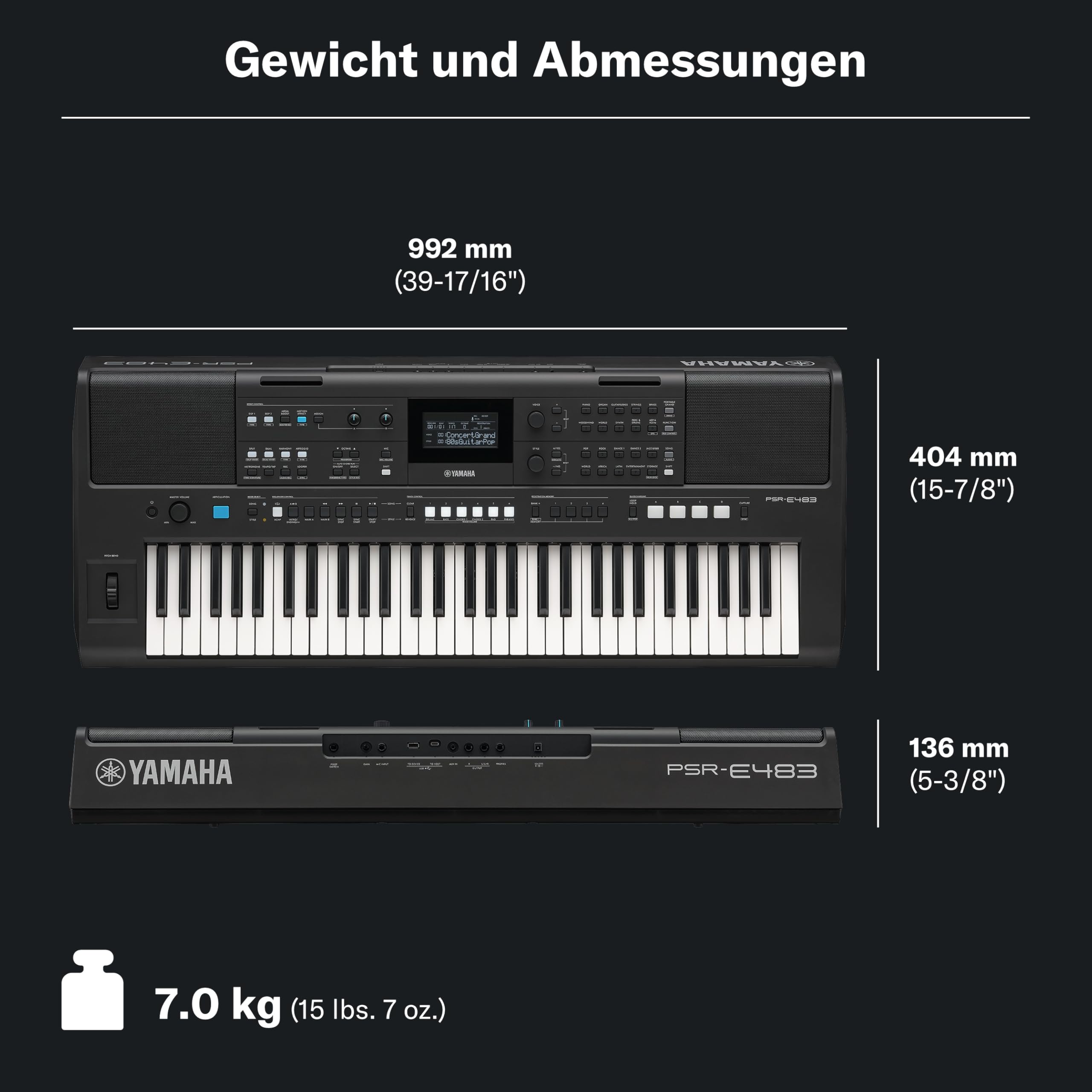 YAMAHA PSR-E483 Keyboard – Modernes Tragbares Keyboard mit 61 anschlagdynamischen Tasten, 860 Voices, 15 Super Articulation Lite Voices, 345 Styles, leistungsstarken Lautsprechern und USB-C – Schwarz