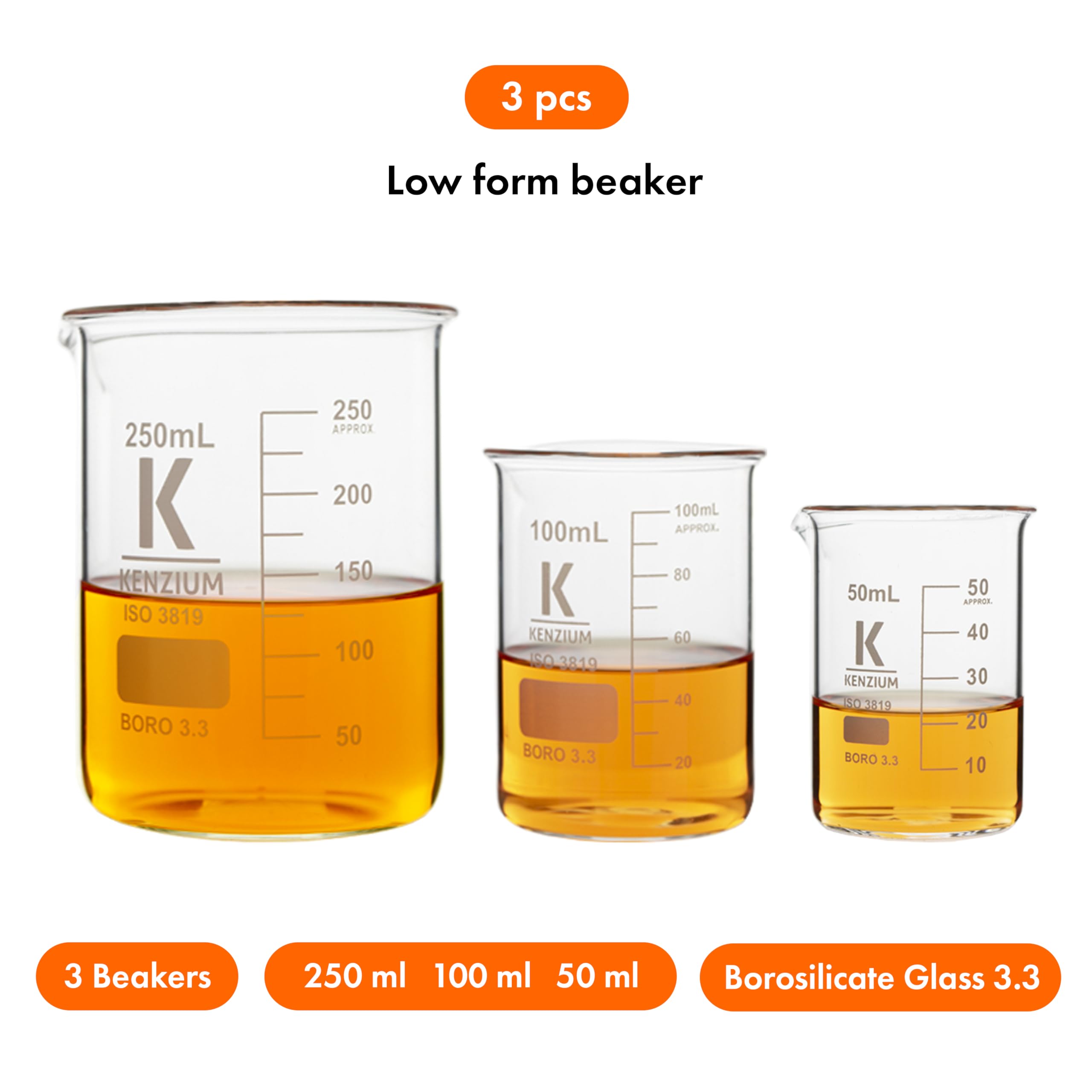 KENZIUM - Confezione 3 x Bekers | Volumi: 50 ml, 100 ml e 250 ml | Vetro borosilicato 3.3 | Forma bassa | Graduato con beccuccio versatore | Per tutti i tipi di campioni | Alta Resistenza,