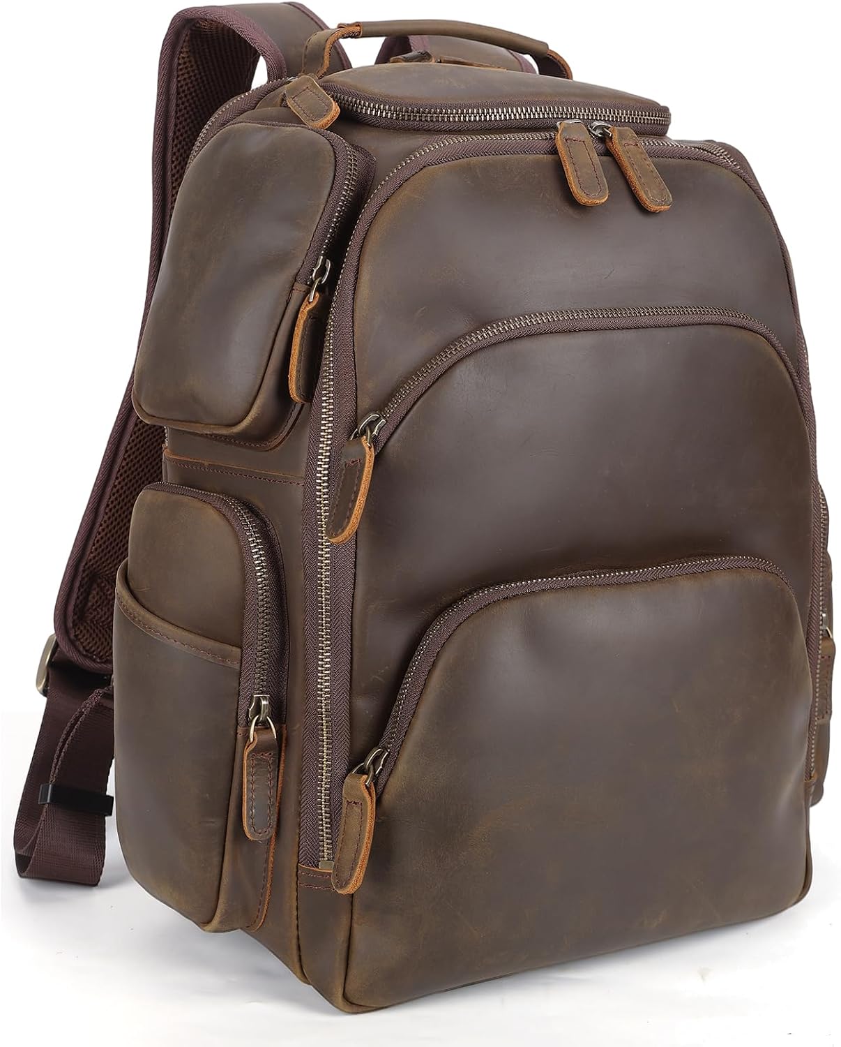 TIDING Vintage Leather 16 Inch Laptop Backpack for Men Multi Pockets Travel Back Pack Weekend Camping Daypack