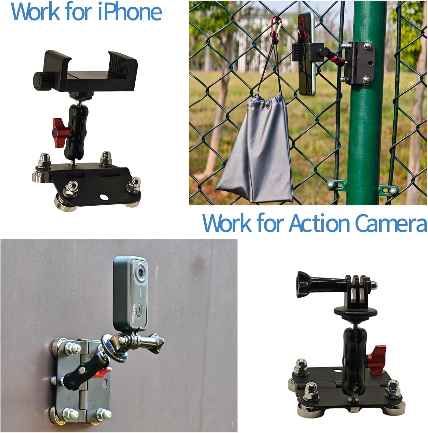 Magnetic Camera Fence Mount for GoPro / Insta360 / DJI OSMO Pocket 3 / iPhone,Two 1/4"-20 Slots Net Chain Link Fence Holder for Recording Baseball/Softball/Tennis Games