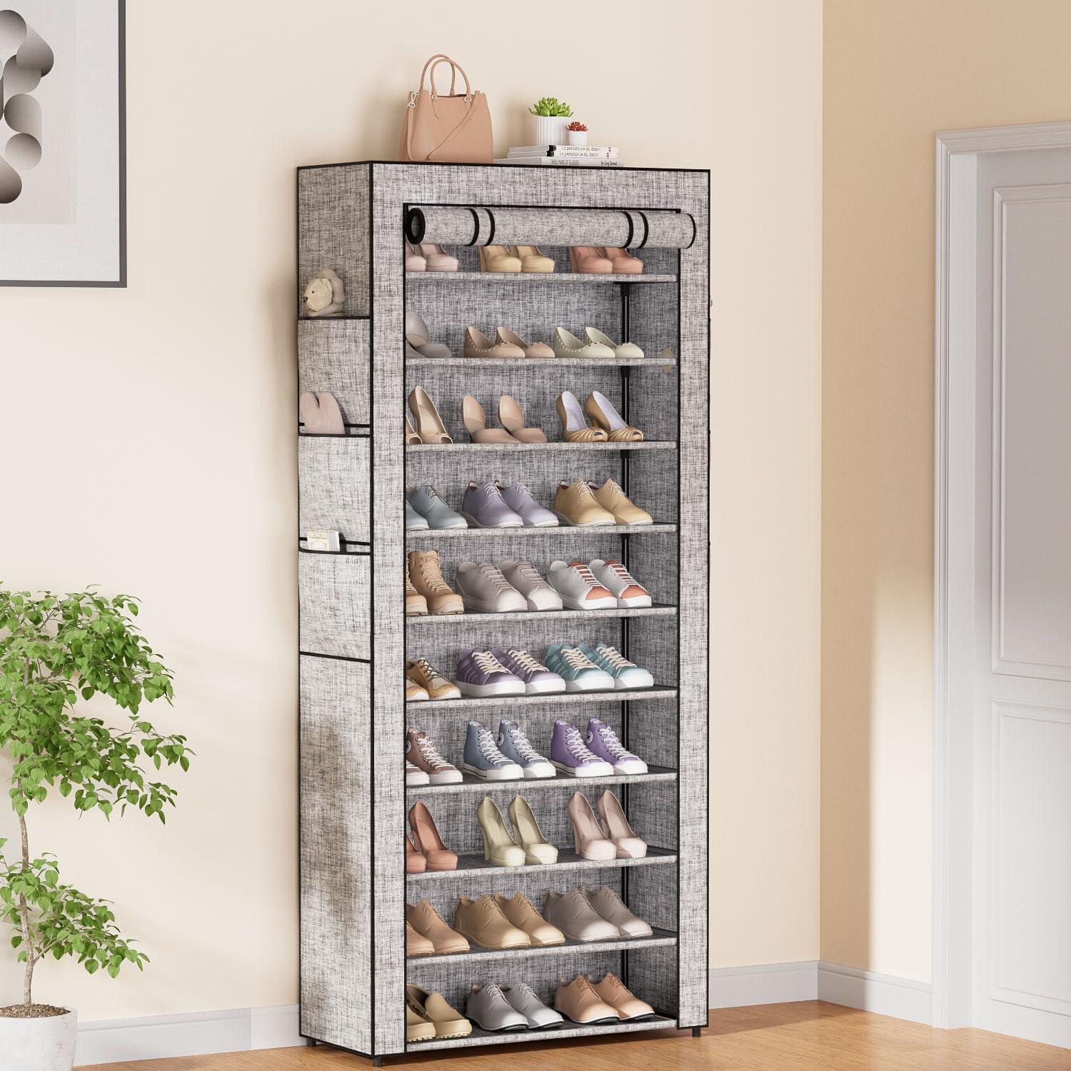 Large Metal Shoe Shelf, Tall Stackable Shoe Rack with Covers, Holds 36-41 Pairs, Sturdy Storage Organizer for Entryway Garage (Grey)