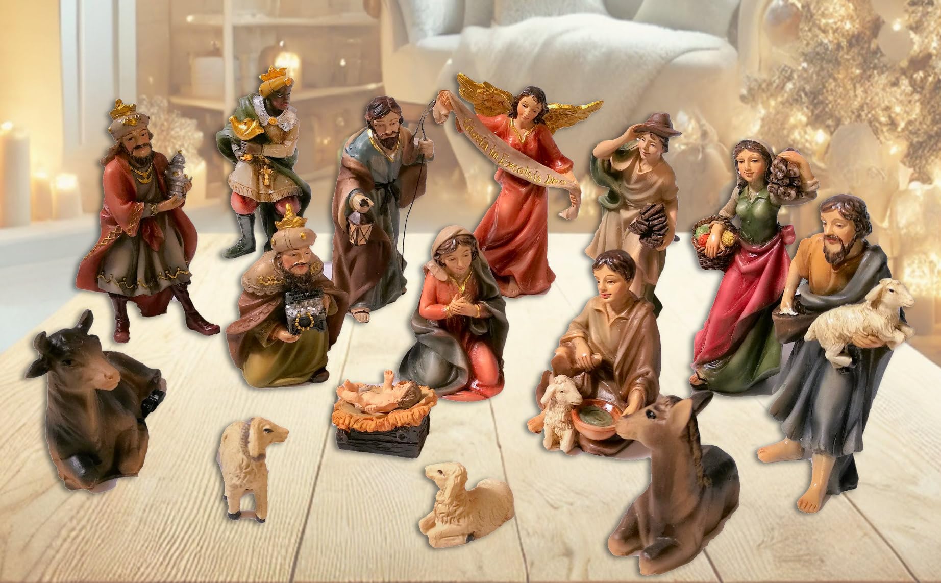 Faithful Treasure 15ピース コンプリート4インチ クリスマスキリスト降誕セット | 卓上キリスト降誕の置物 | 赤ちゃんイエス、天使、聖家族、賢者、農民、動物のフィギュアが描かれたキリスト降誕のシーン