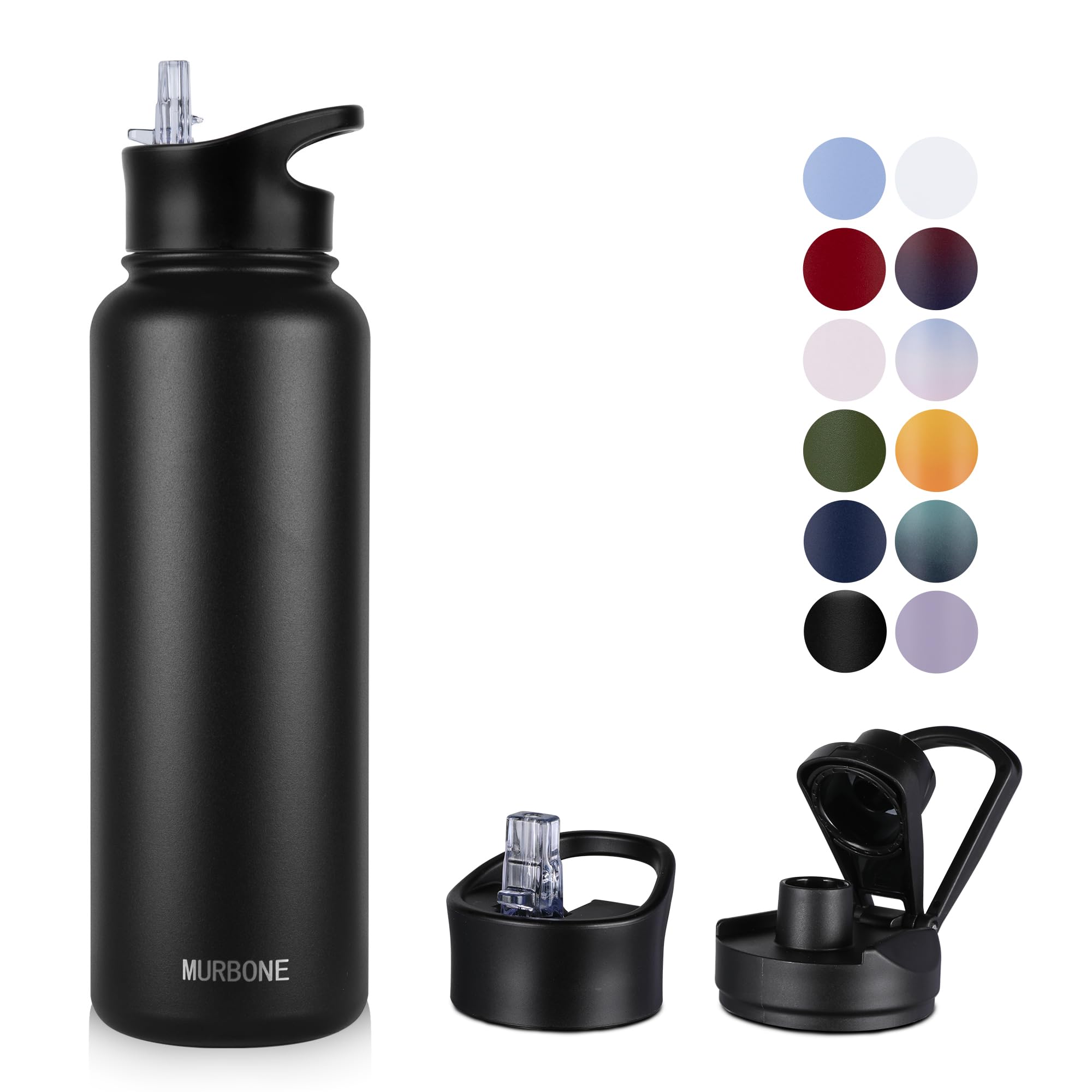 MURBONE Insulated Water Bottle, 1.2L Stainless Steel Drink Flask with Straw, BPA Free, 2 Lids (Straw Lid and Spout Lid)