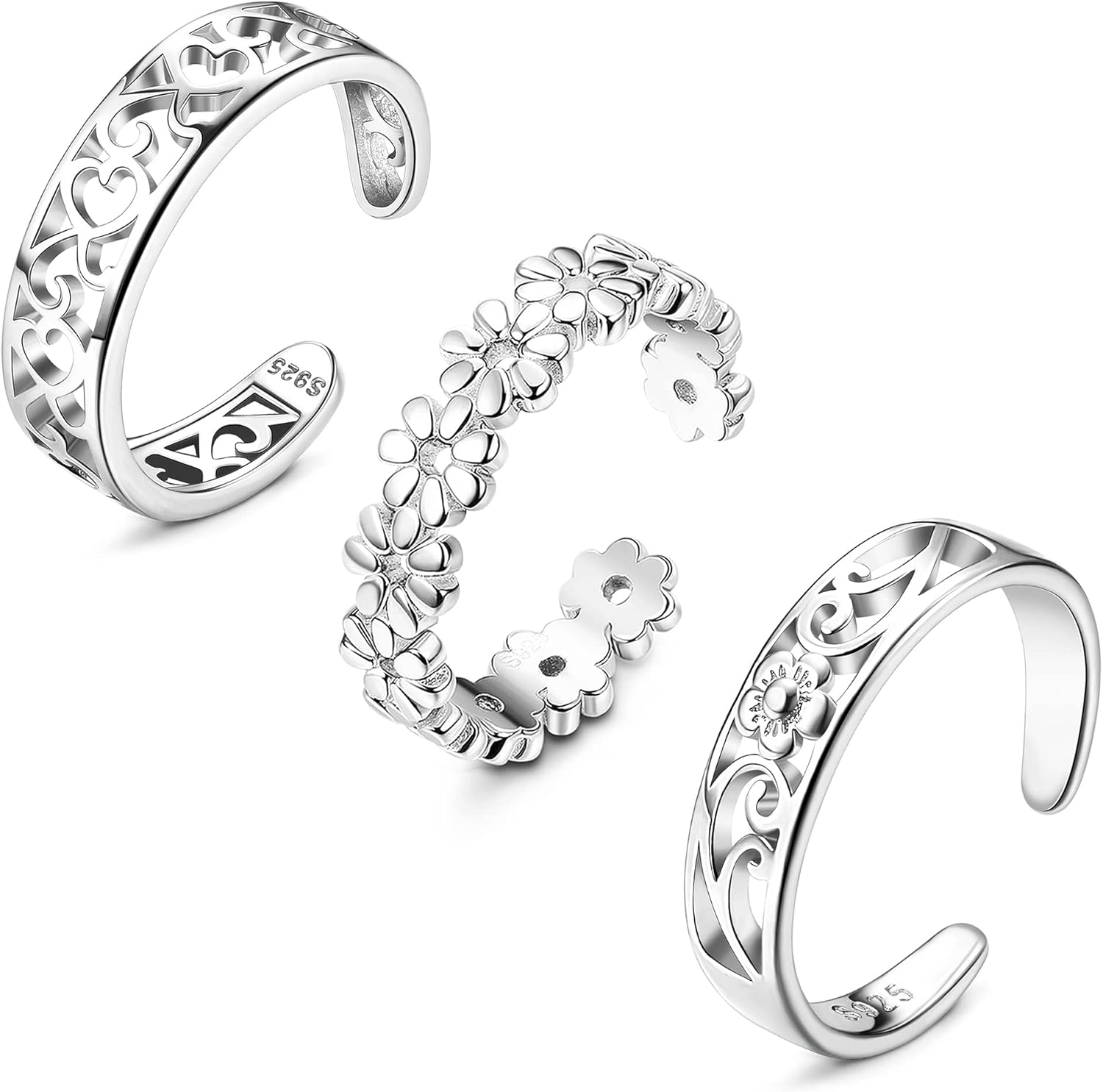 FIBO STEEL 3PCS 925 Sterling Silver Adjustable Toe Rings for Women - Open Cuff CZ Daisy Moonstone Beach Jewelry Set