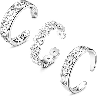 FIBO STEEL 3PCS 925 Sterling Silver Adjustable Toe Rings for Women - Open Cuff CZ Daisy Moonstone Beach Jewelry Set