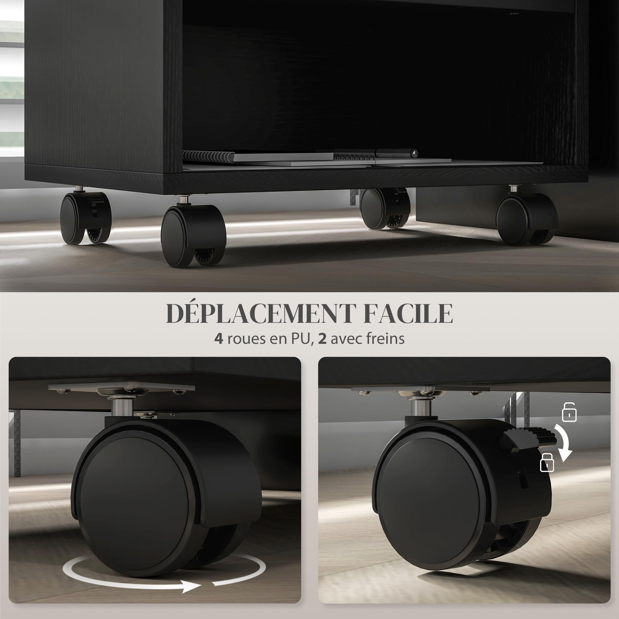 HOMCOM Support d'Imprimante 3 Compartiments 40L x 30l x 36H cm Bois Noir | Meuble de Rangement, Caisson de Bureau, Compartiments Ouverts