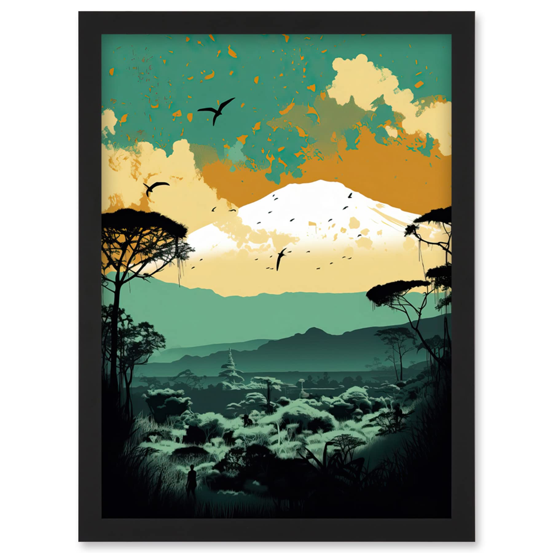 B&Q -  Mount Fuji Sunrise Landscape In Teal Blue And Tan Wall Art PrintA4 Size