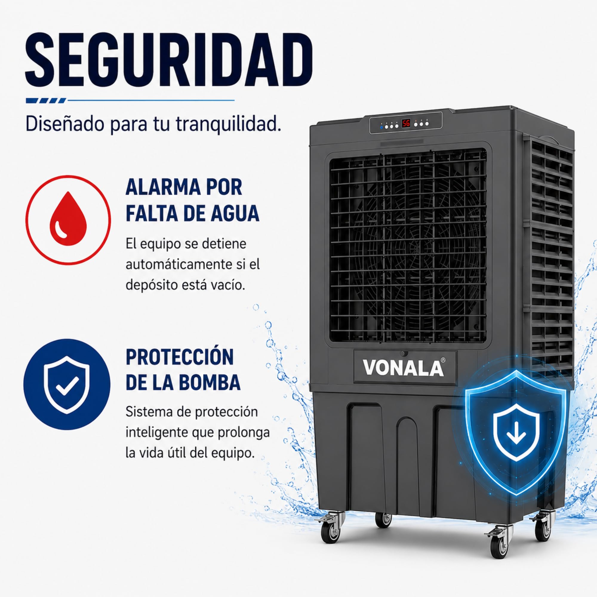 Climatizador Evaporativo Industrial VONALA BLACKOOL20 – Enfriador de Aire Profesional, Depósito 150L, Caudal 20000 m³/h, Cobertura 200m², 500 W, Climatizador Industrial Portátil