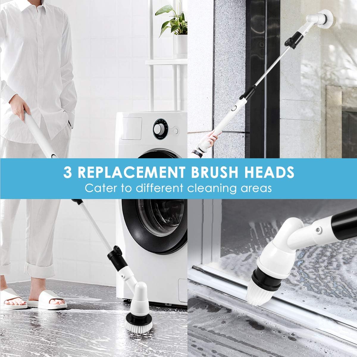 Spin Scrubber, Electric Spin Scrubbe Multi-Purpose 360 Cordless Tub and Tile Scrubber, with 3 Replaceable Cleaning Scrubber Brush Heads 1 Extension Arm and Adapter for Cleaning Shower, Floor, kitchen