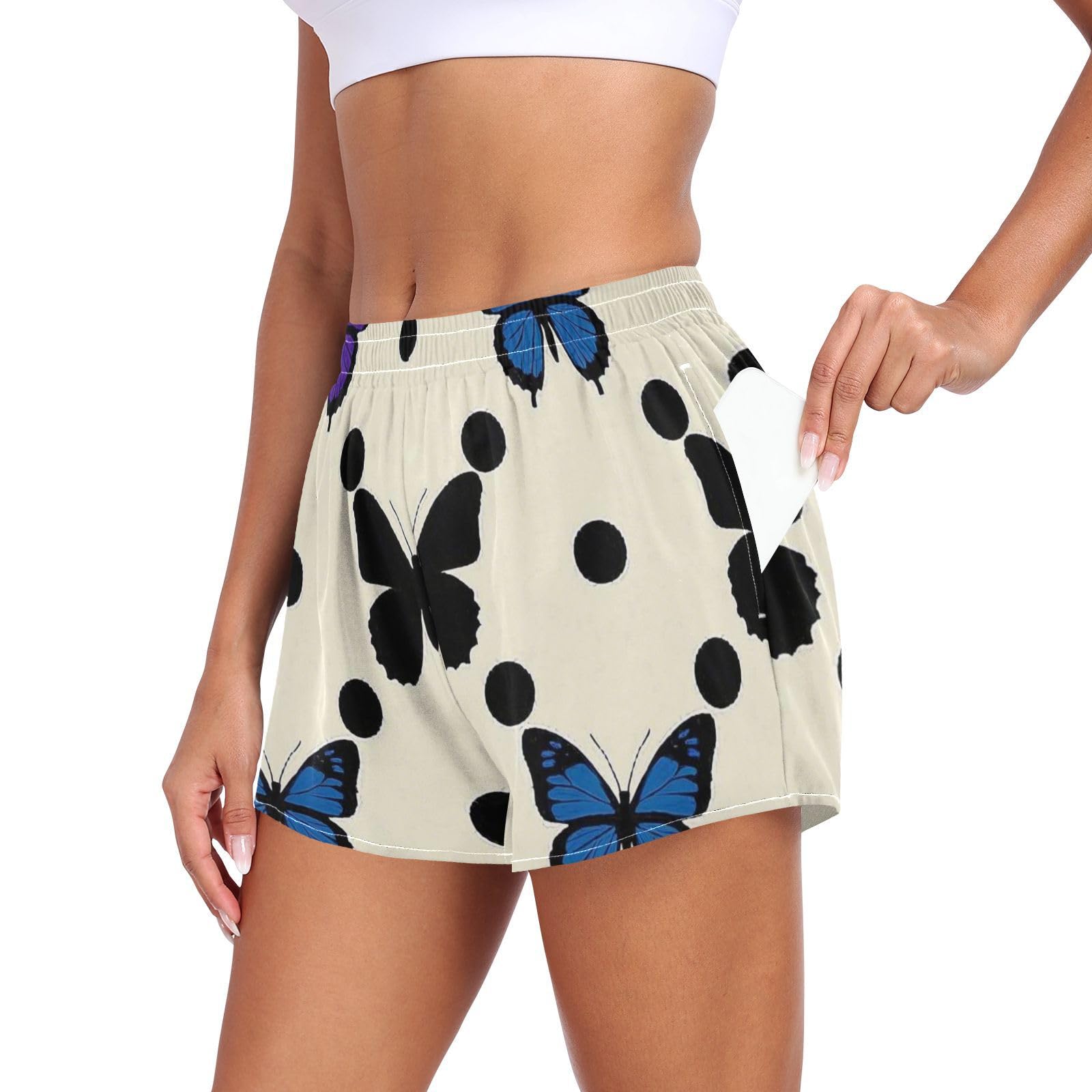 EtherSpher Polka Dot Animal Blue Butterfly Women Athletic Shorts with Pockets Teens Yoga Shorts for Indoor Lounge Hiking Yoga ropa cómoda para Mujer L