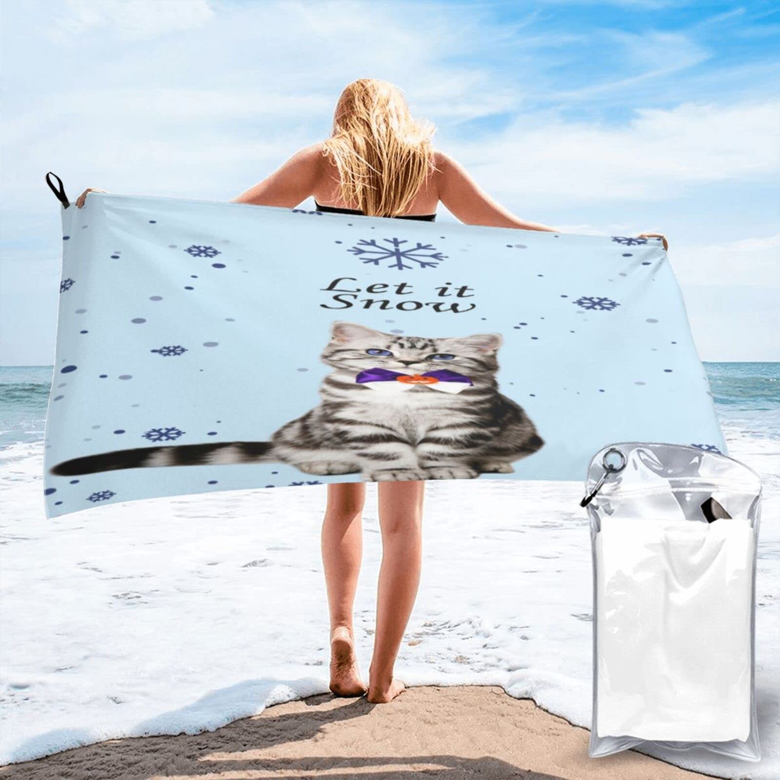 Lawenp Snows Cat Microfiber Beach Towel Adults Large Quick Drying Bath Towel Travel Towels with Pouch 31.5"x63"
