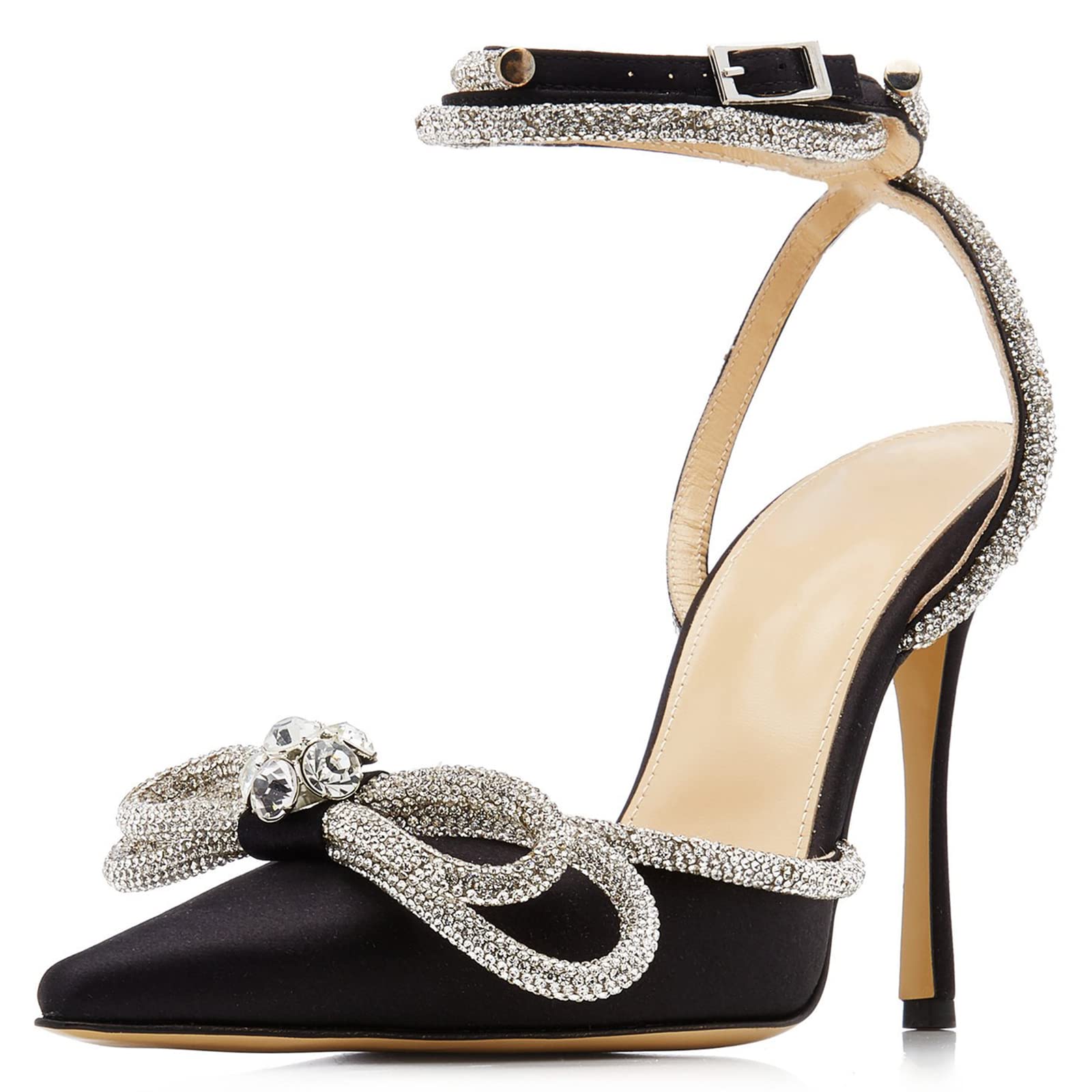 BlingQueen Women's Heeled Sandals Satin Rhinestone Ankle Strap Pumps Crystal Embellishment Pointy Stilettos Backless Wedding Dress Heeled Sandals