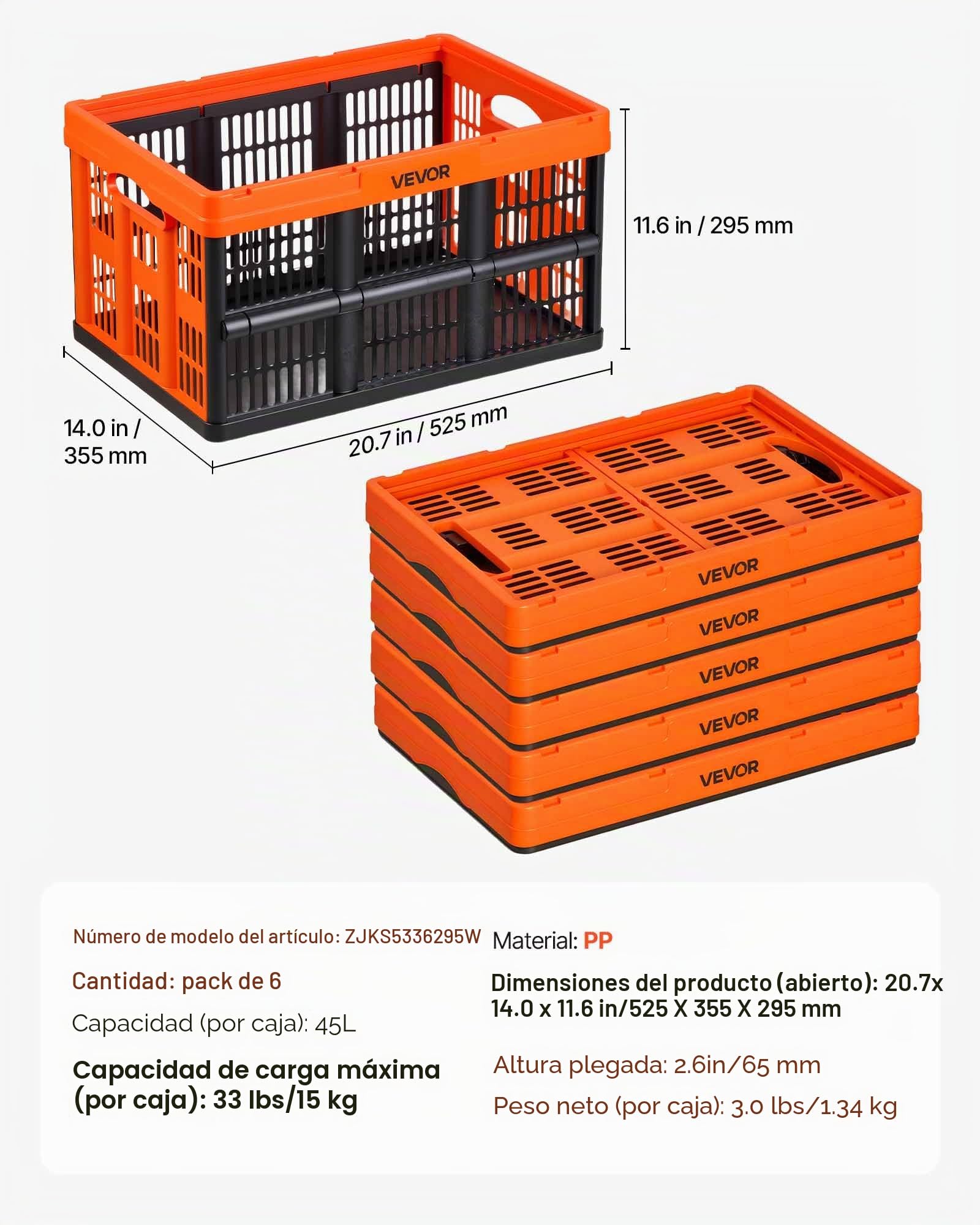 VEVOR Cajas de Almacenaje Plegables de Plástico 45 L, 6 Unidades, Contenedores de Almacenaje con Asas, sin Tapa, Ahorra Espacio, Soporta 15 kg para Hogar Coche Organización Camping, Naranja y Negro