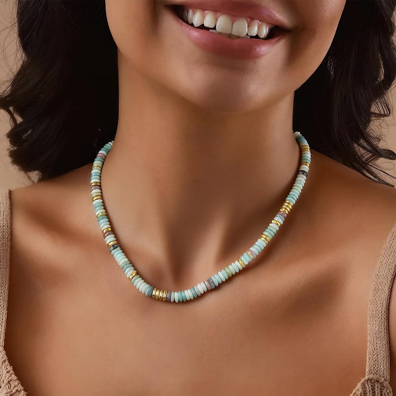 NE-C 14K Gold Plated Layered Boho Bead Choker Necklace - Image 2