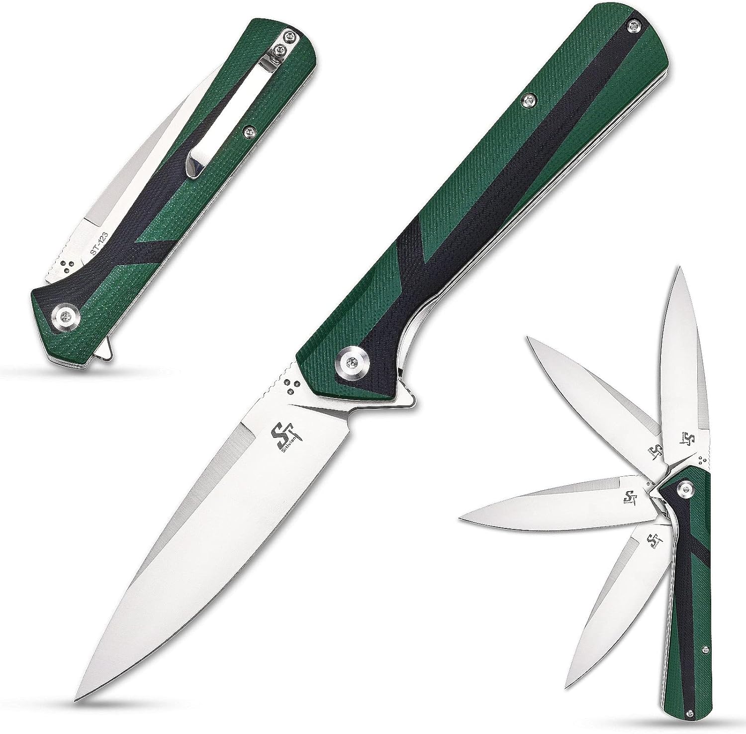 Sitivien ST123 Folding Knife, D2 Blade and G10 Handle EDC Tool Knife with Pocket Clip for Outdoor Camping EDC(Green)