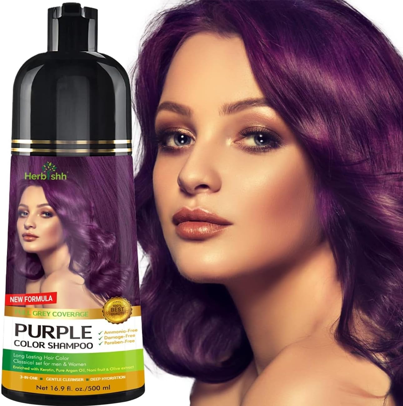 Herbishh Hair Colour Shampoo for Grey Hair, Purple, 500 ml, Ammonia-Free 3-in-1 Hair Dye Shampoo, Colours Hair in Minutes, Long-Lasting Colour