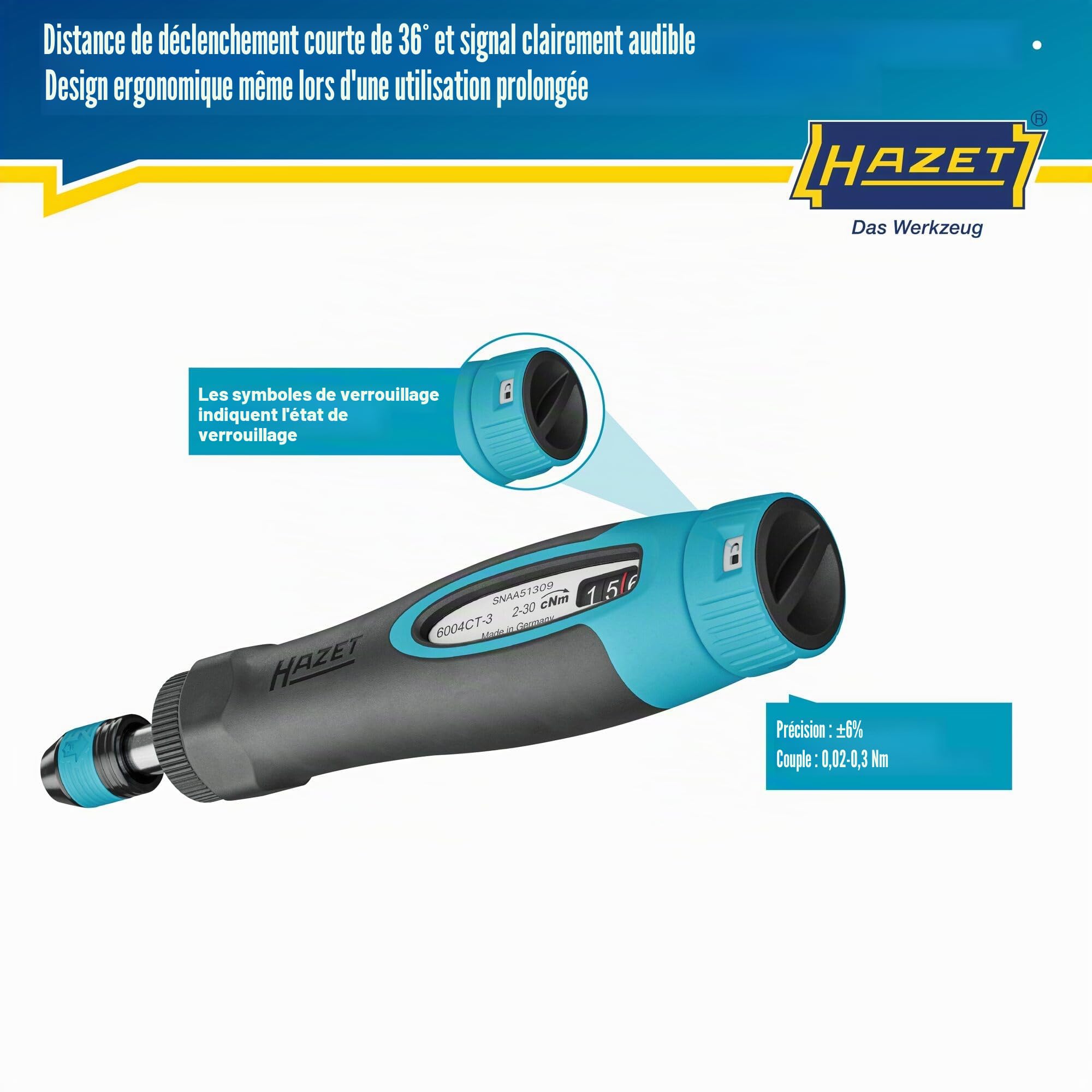 HAZET Tournevis dynamométrique 6004CT-3, 1/4" avec poignée standard, 0,02-0,3 Nm, précision 6%, longueur 196 mm, réversible droite/gauche, mécanisme roue libre'