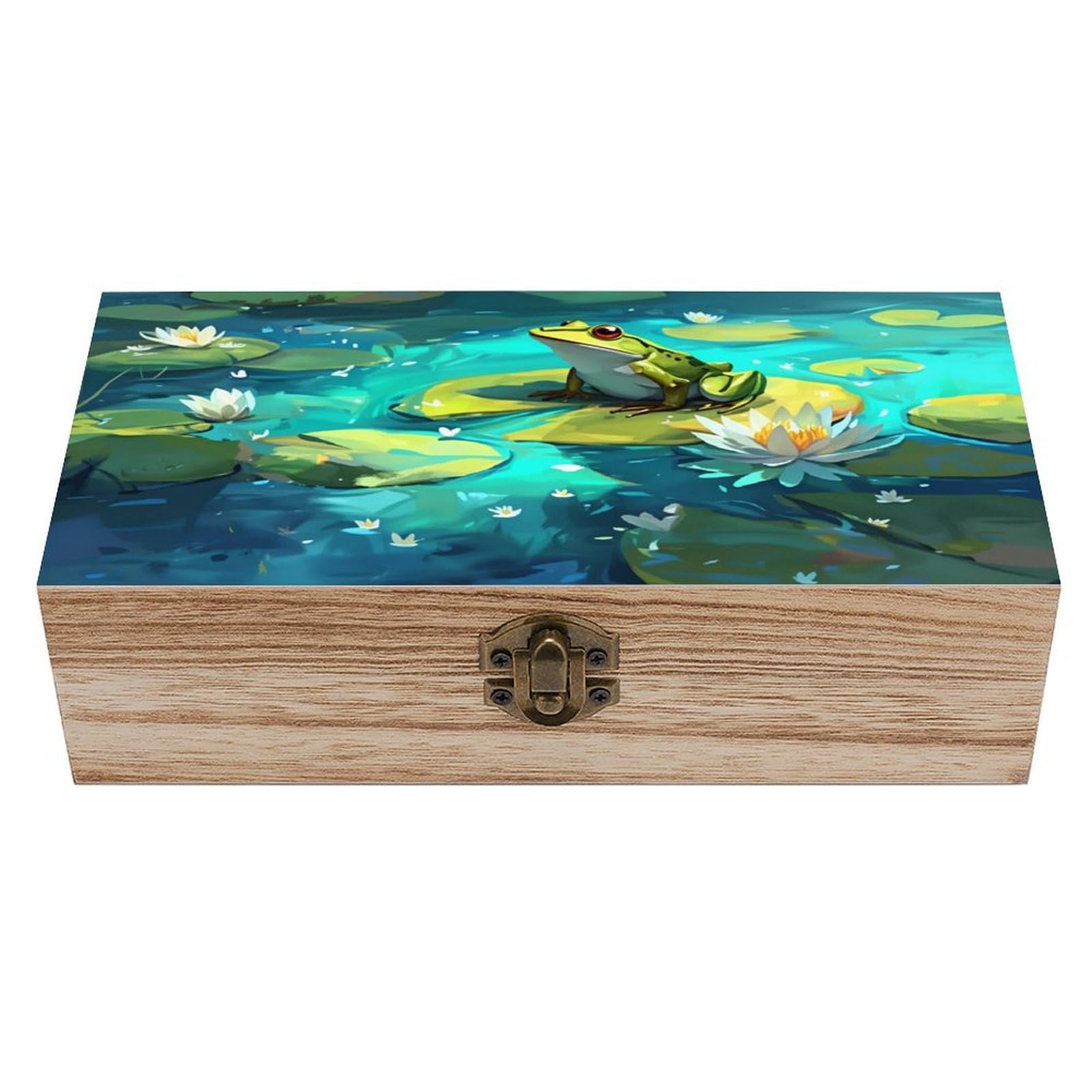 asbwuo Green Frog Blue Water Lily Vintage Wooden Keepsake Box
