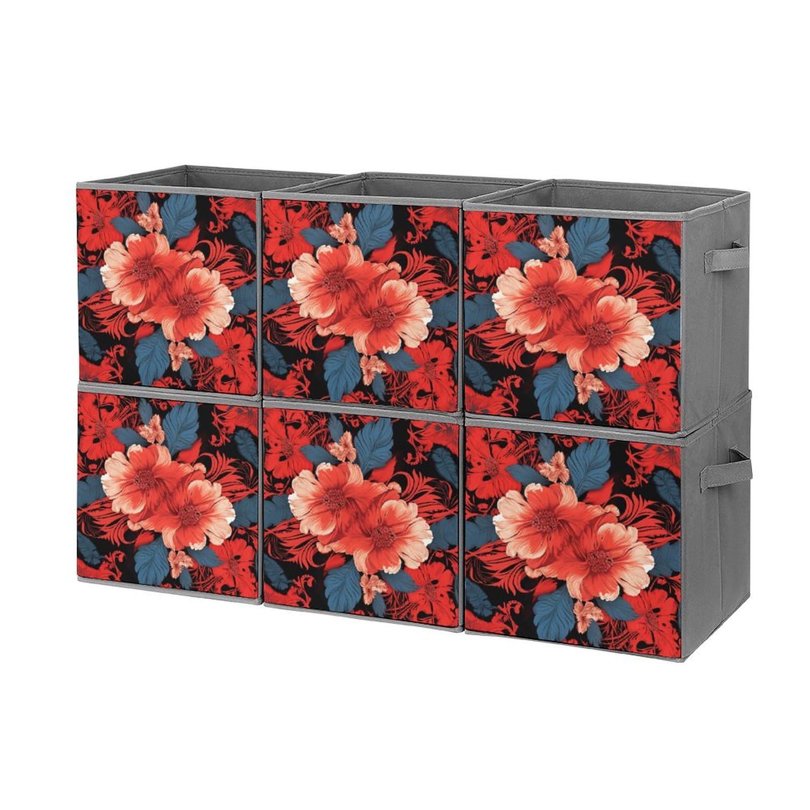 Boîtes de rangement pliables en tissu imprimé fleurs rouges pour placard et étagère