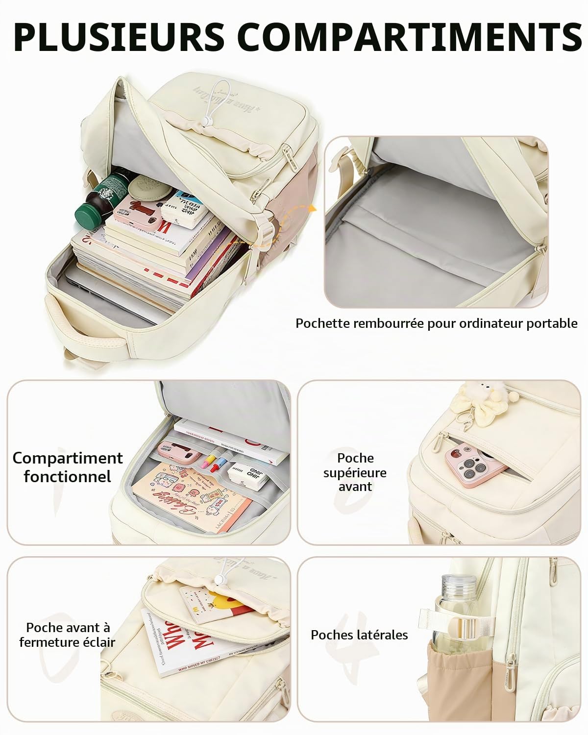Cartable Fille Primaire et College, Sac à Dos de Grande Capacité pour Filles Adolescentes de 9 à 16 ans, Sacs d'école Renforcé à la Mode et Décontracté avec Pendentif, Marron