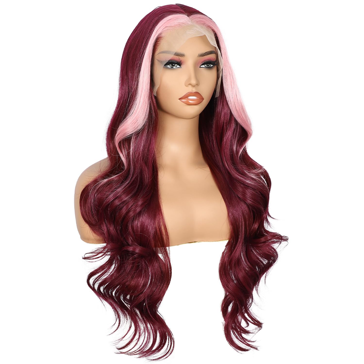 Sapphirewigs Lace Front Wig Burgundy Highlight Synthetic Wigs for Women Body Wave Hair 13x4 Cosplay Party Daily Wear Halloween Christmas Wig 26 inch - Image 4