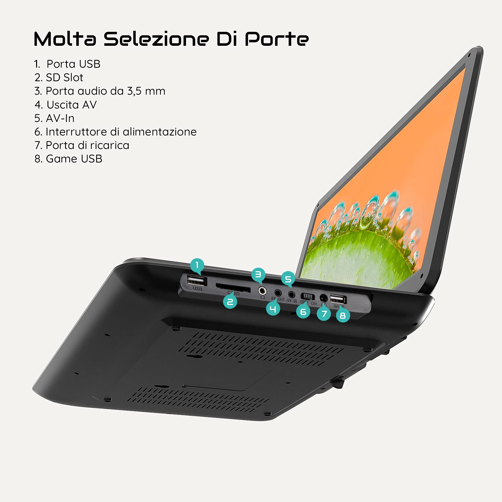 Lettore DVD Portatile 17,5" Schermo HD 16" Batteria 6 Ore USB/SD Sync TV Nero