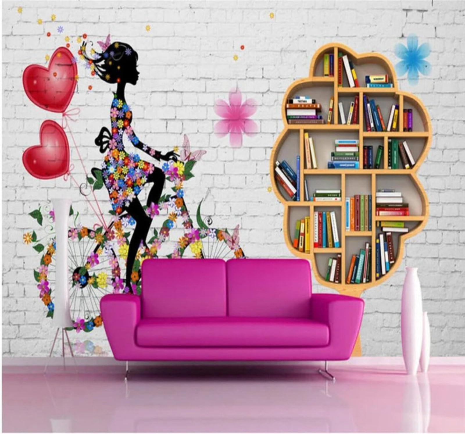 Xlming Girls 350Cm×256Cm(B×H) Creative White Brick Wall Bookshelf 3D Wallpaper Luxury Home Dining Decor Paste Sofa Living Room The Wall For Bedroom Mural-350Cm×256Cm