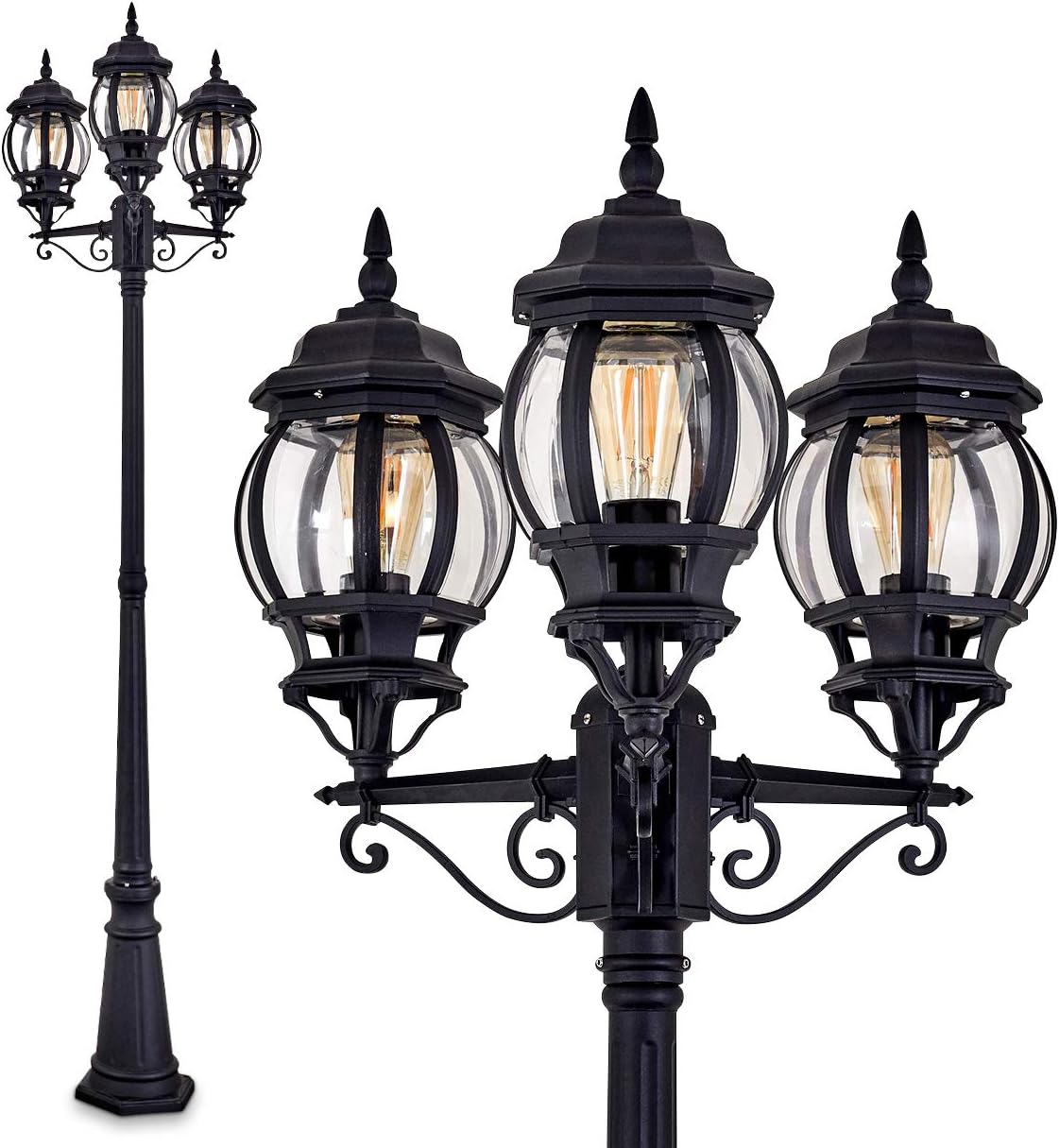 hofstein Outdoor lamp Kobe, Candelabra in Antique Look, cast Aluminium in Black with Plastic Discs, 3-arm Path Light 230 cm, Retro/Vintage Garden lamp, E27 Socket, IP44, Without Bulb
