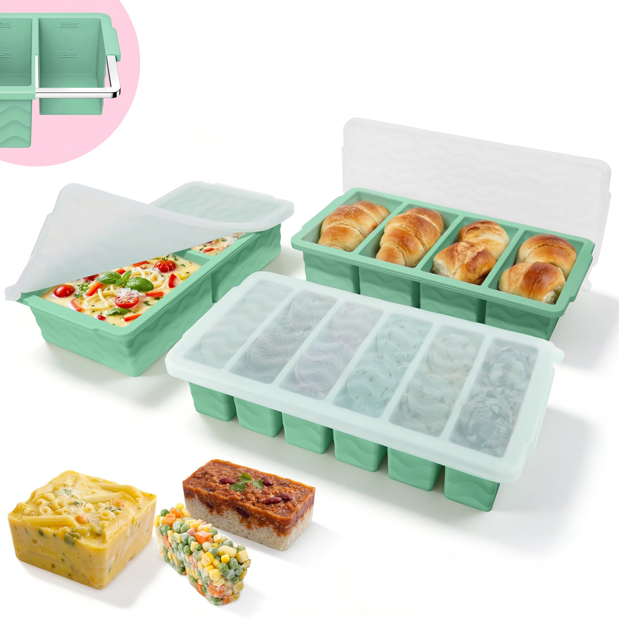 SamahCo 3-Pack Silicone Freezer Moulds with Lid & Steel Frame, Soup Freezer Tray for Meal Prep and Batch Cooking, BPA Free Food Grade Silicone Soup Containers, LFGB Compliant (2&4&6 Cavity, Green)