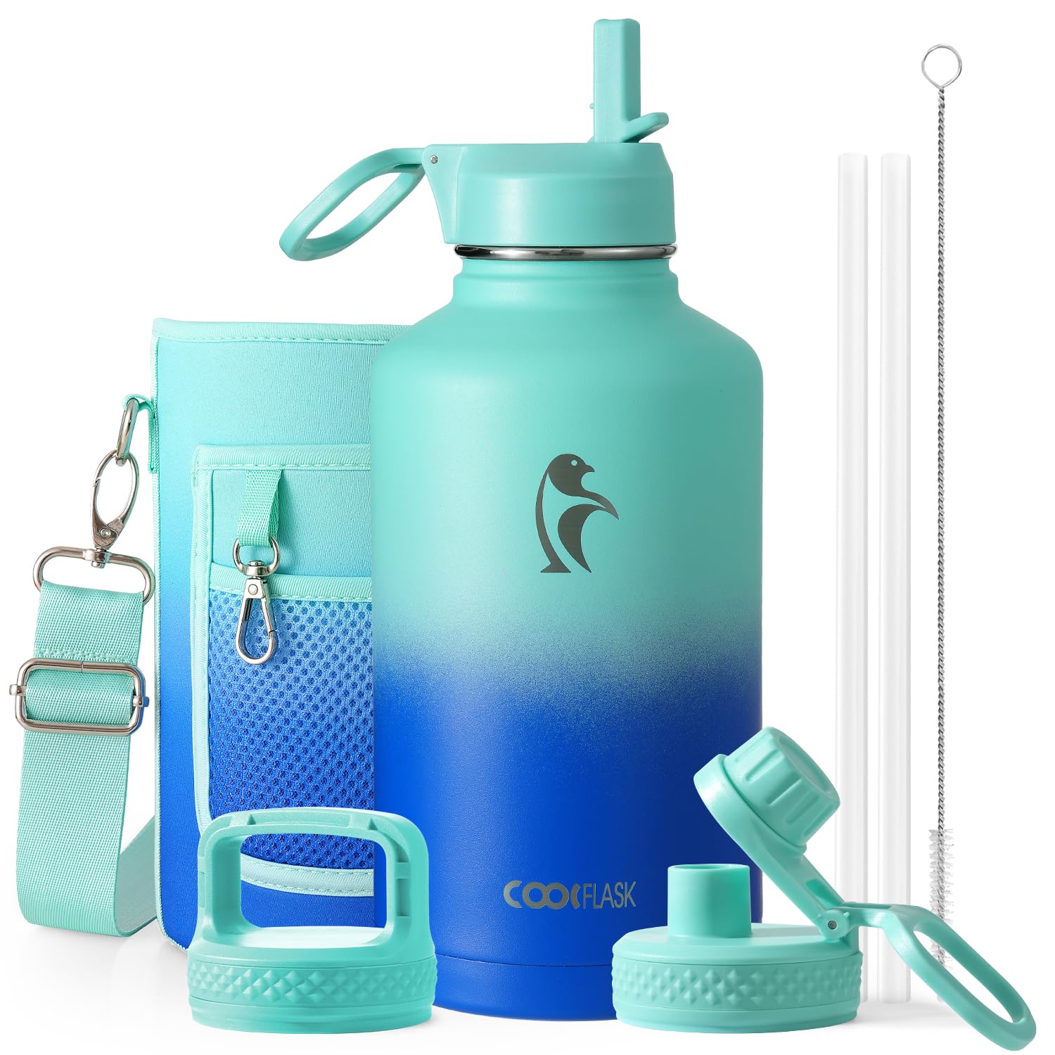 Half Gallon Water Bottle Insulated with Straw & 3 Leakproof Lids