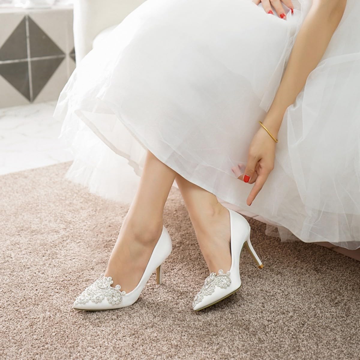Scarpe con Tacco Alto da Sposa Chiuse con Strass e Suola in Gomma Antiscivolo,Modèle HD168-70