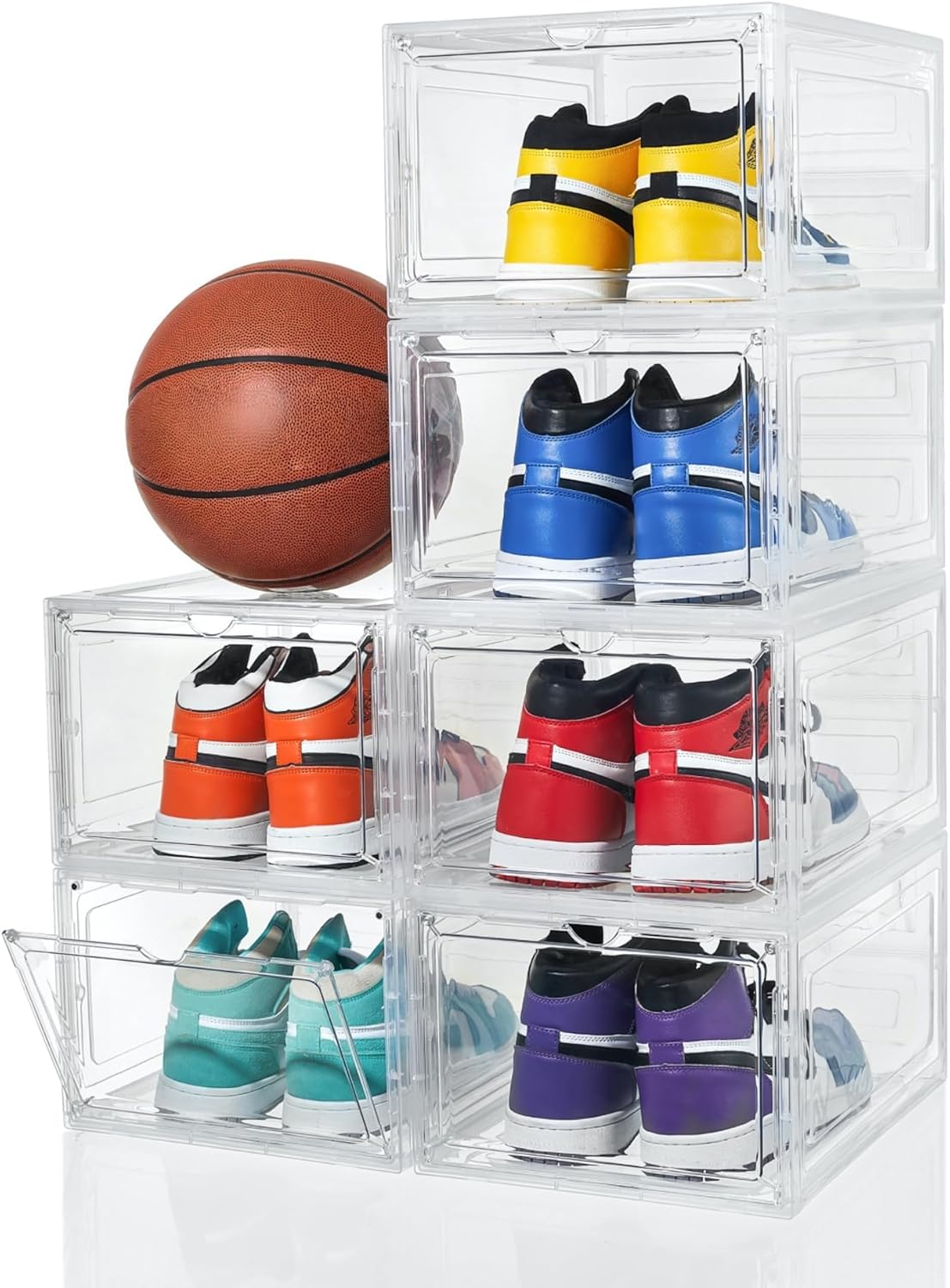Shoe Organizer Shoe Storage Boxes, 6 Pack Large Drop Front Shoe Boxes with Magnetic Door, Clear Plastic Stackable Shoe Containers (Clear White)