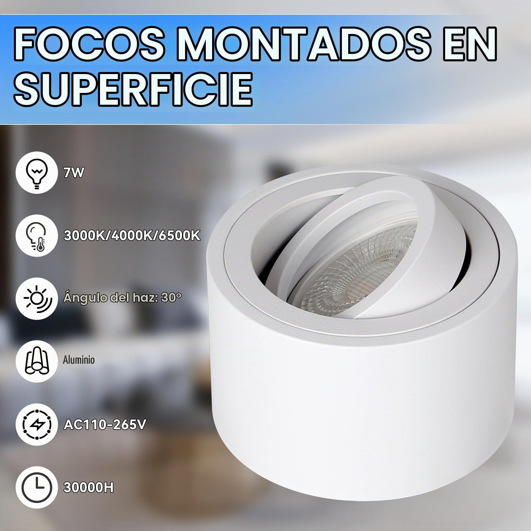 CANMEIJIA Foco LED de Techo Superficie 7W Plafón Orientable 3 Tonos 4 Pack | Foco LED de techo con diseño orientable de 30 grados para iluminar rincones específicos y sustituir downlights empotrados